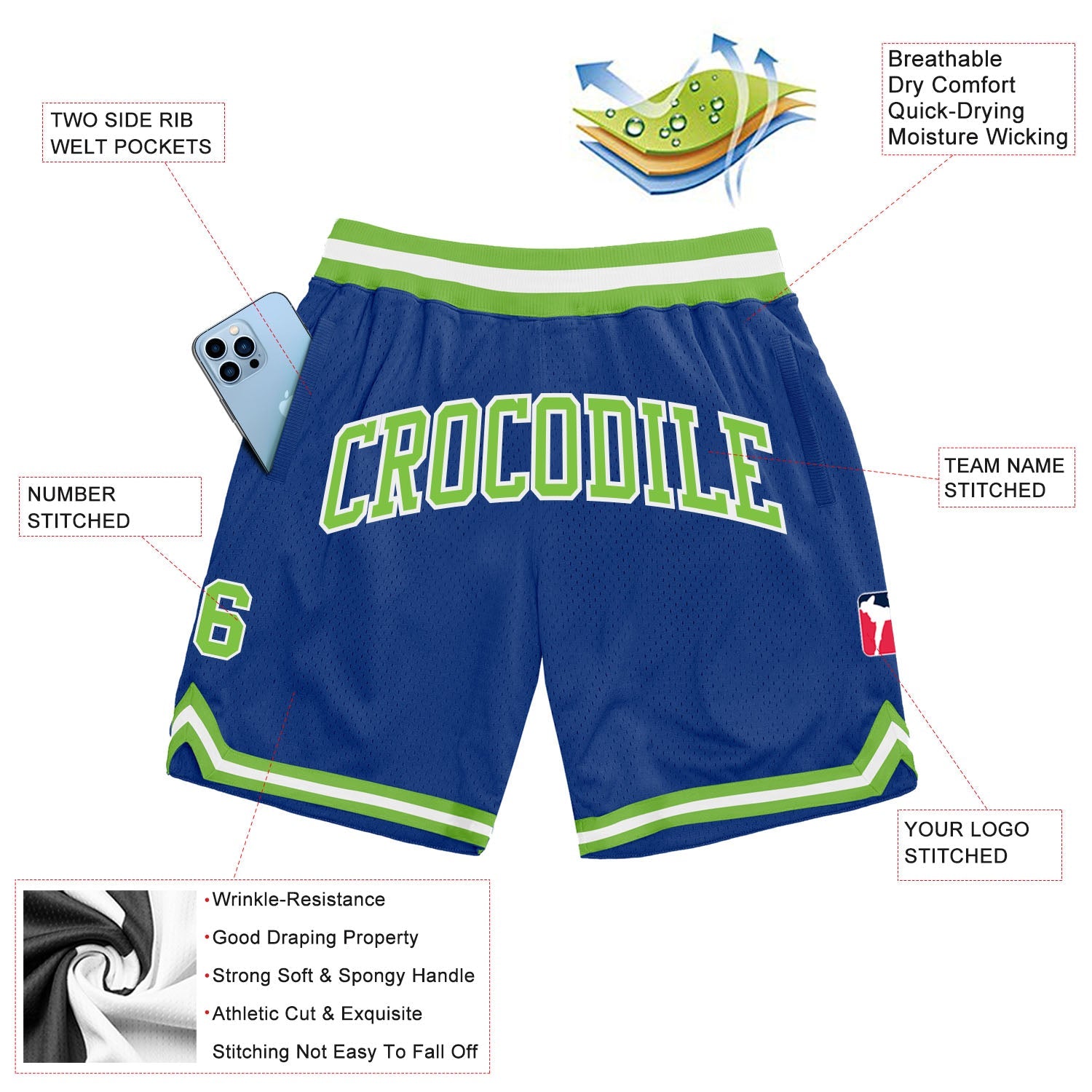 Custom Royal Neon Green-White Authentic Throwback Basketball Shorts view 2
