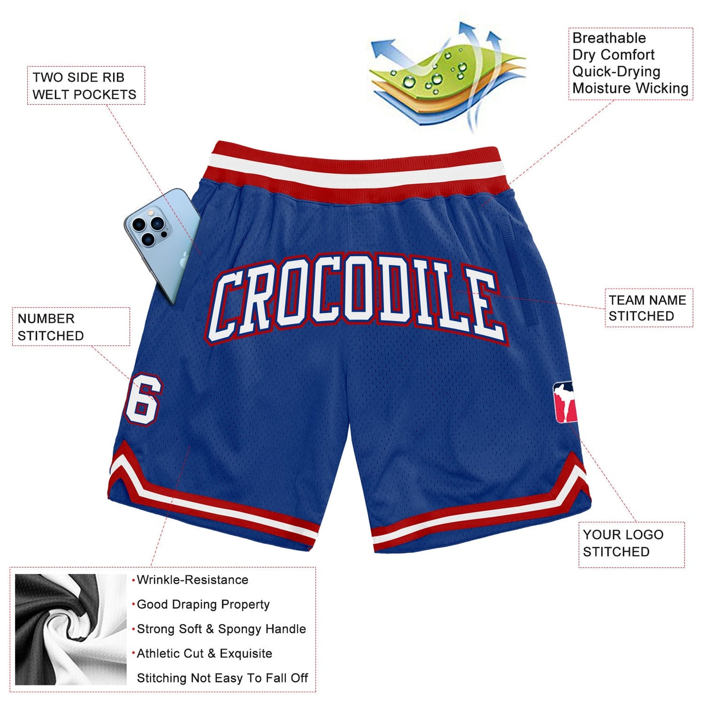 Custom Royal White-Red Authentic Throwback Basketball Shorts view 2