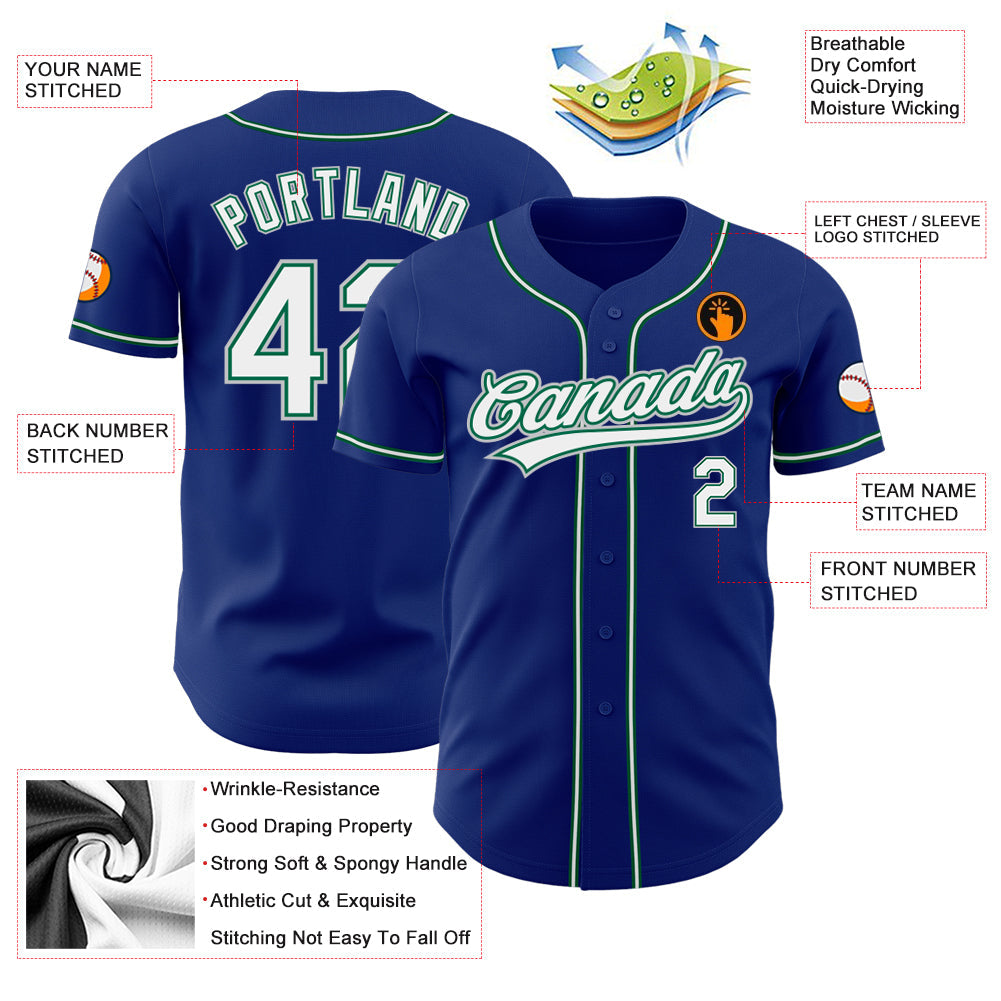 Custom Royal White Kelly Green-Gray Authentic Baseball Jersey view 3