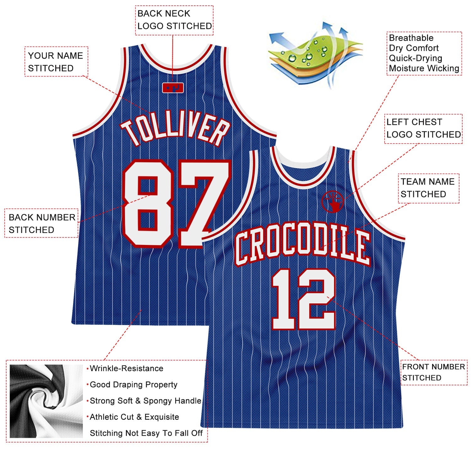 Custom Royal White Pinstripe White-Red Authentic Basketball Jersey view 2