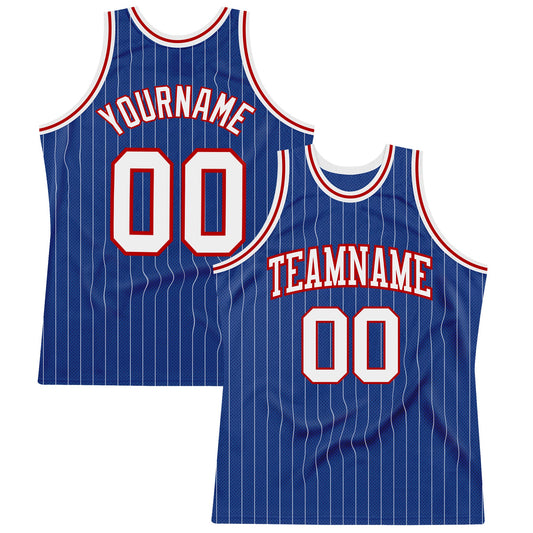 Custom Royal White Pinstripe White-Red Authentic Basketball Jersey - Main View