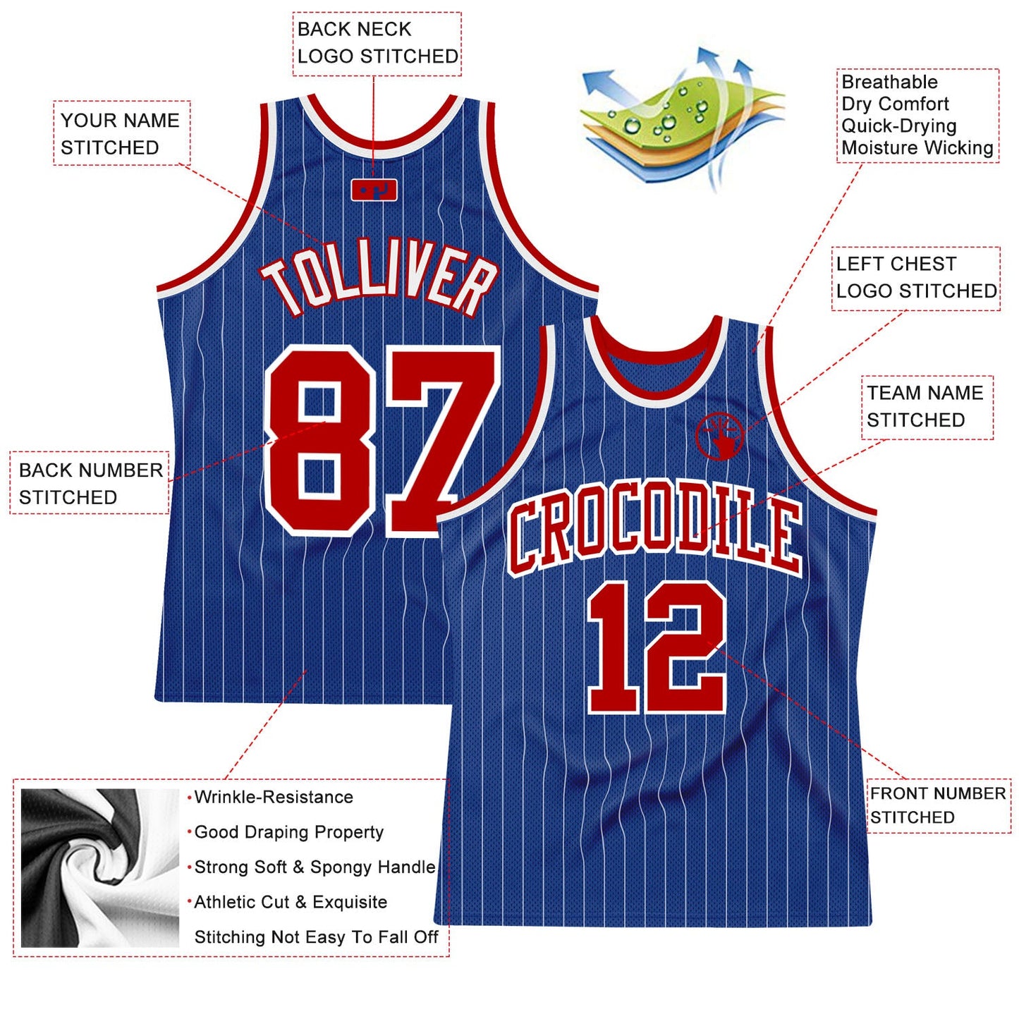 Custom Royal White Pinstripe Red-White Authentic Basketball Jersey view 2