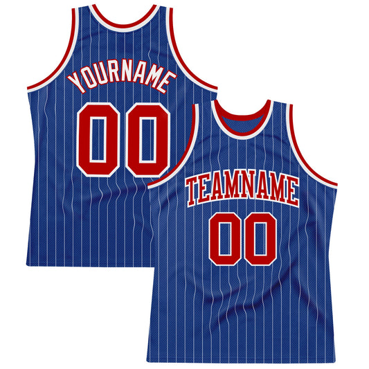 Custom Royal White Pinstripe Red-White Authentic Basketball Jersey - Main View