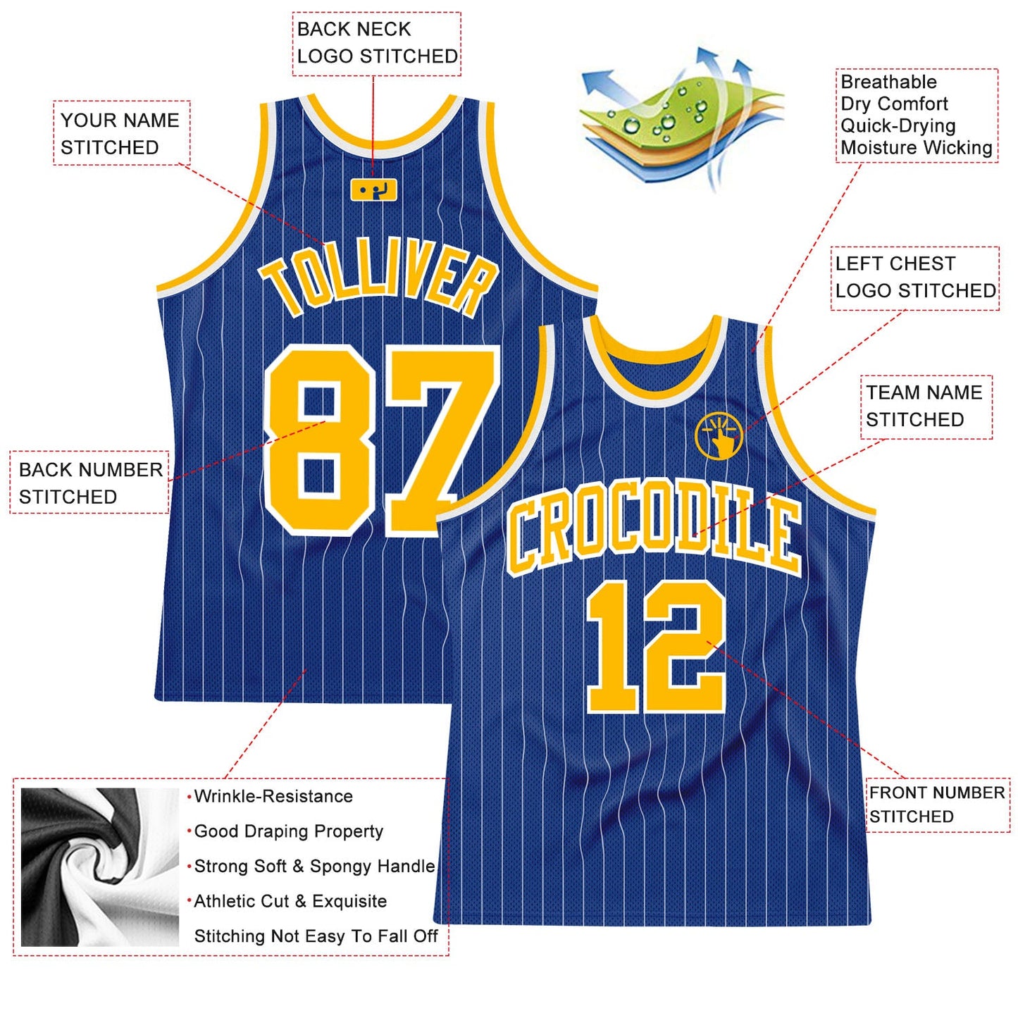 Custom Royal White Pinstripe Gold-White Authentic Basketball Jersey view 2