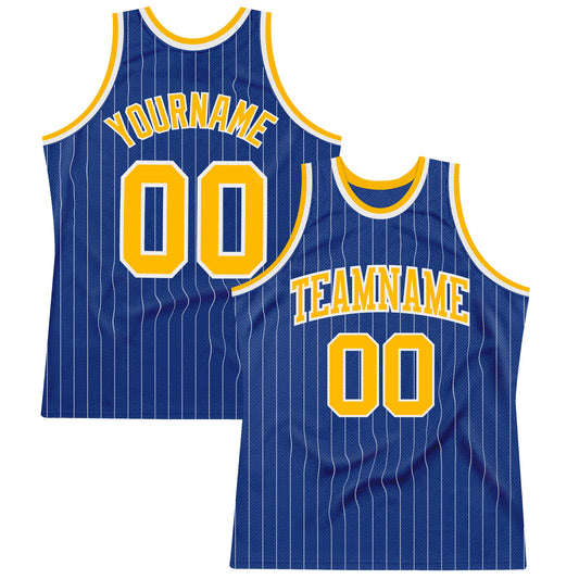 Custom Royal White Pinstripe Gold-White Authentic Basketball Jersey - Main View