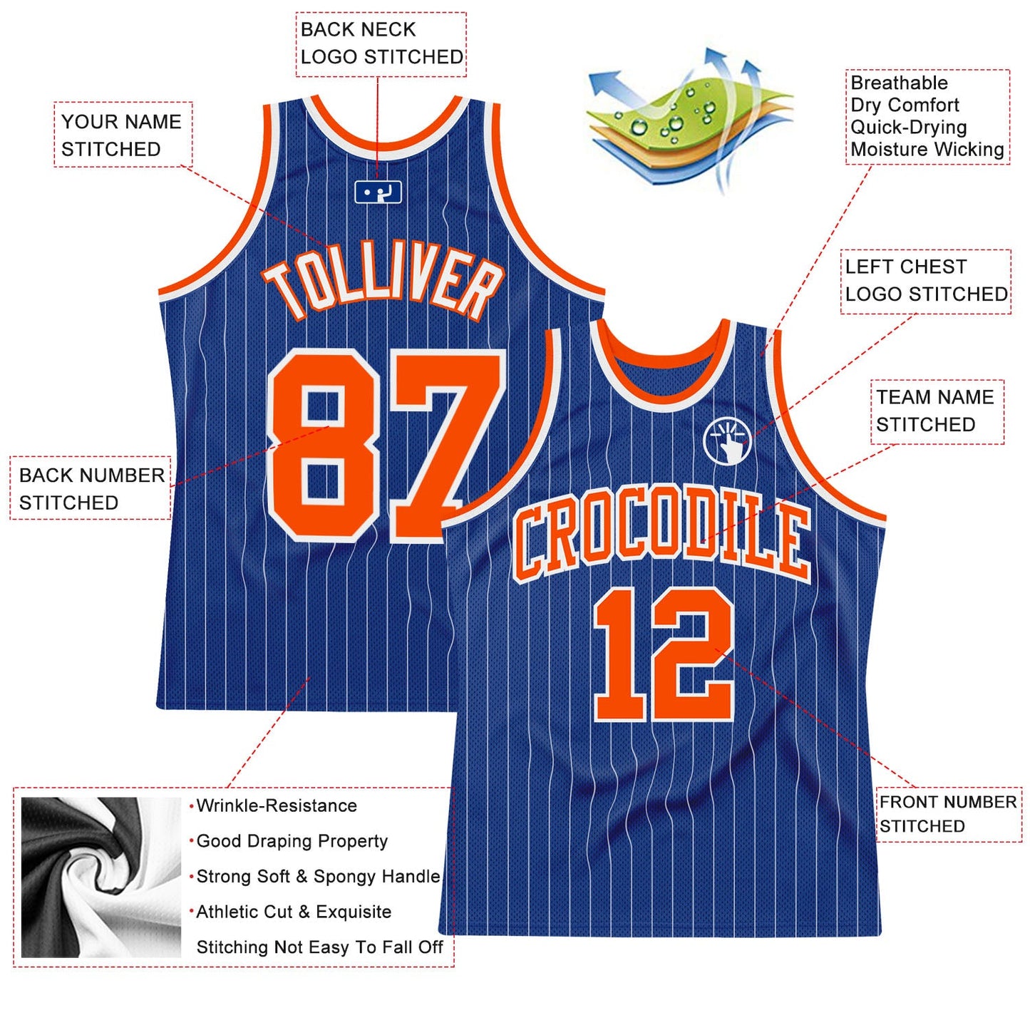 Custom Royal White Pinstripe Orange-White Authentic Basketball Jersey view 2