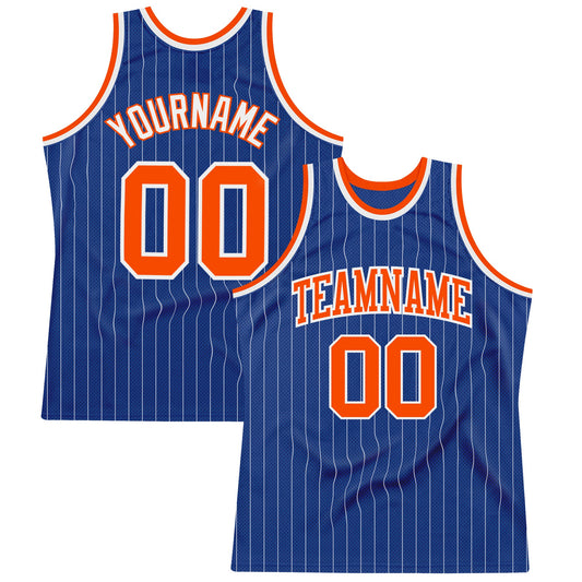 Custom Royal White Pinstripe Orange-White Authentic Basketball Jersey - Main View