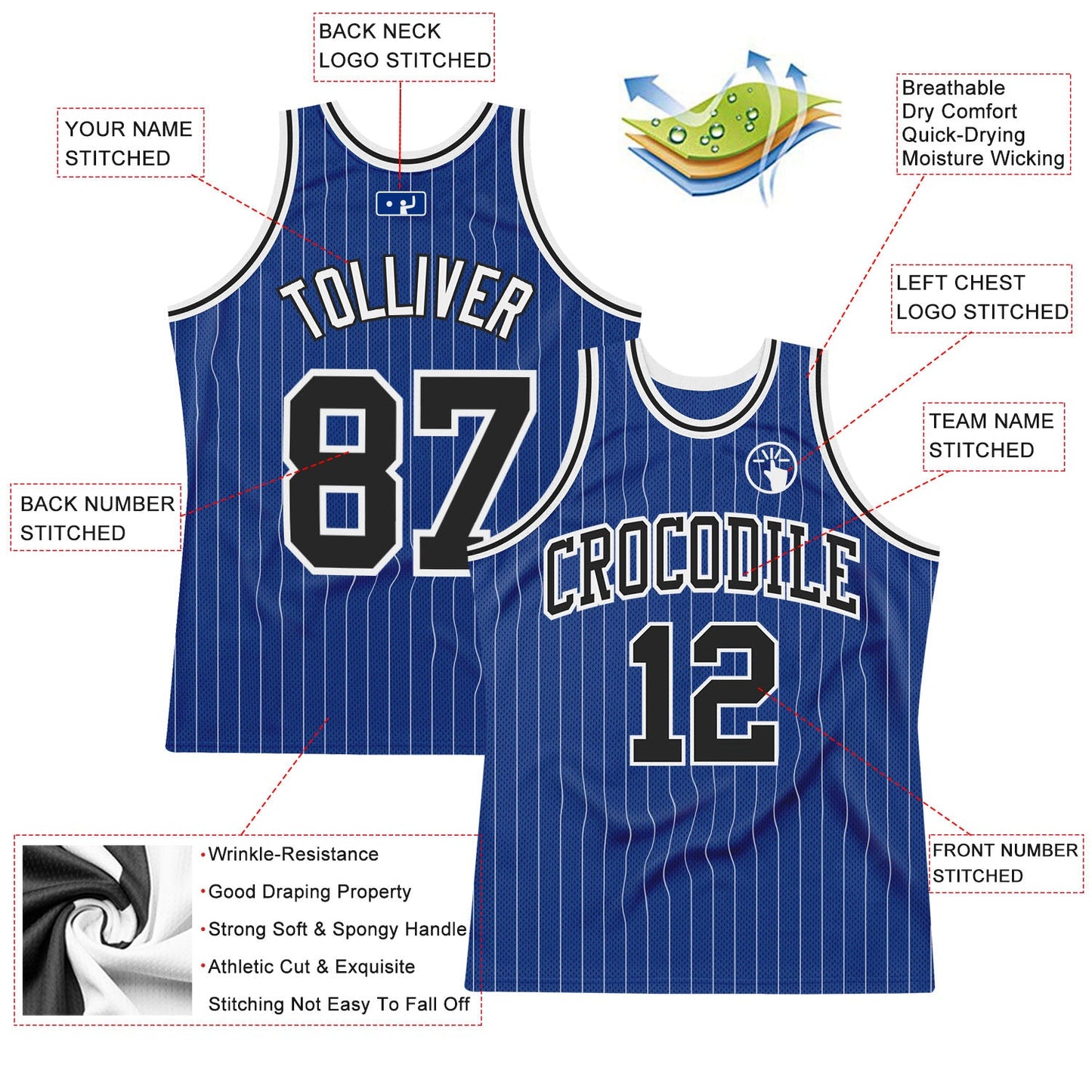 Custom Royal White Pinstripe Black-White Authentic Basketball Jersey view 2
