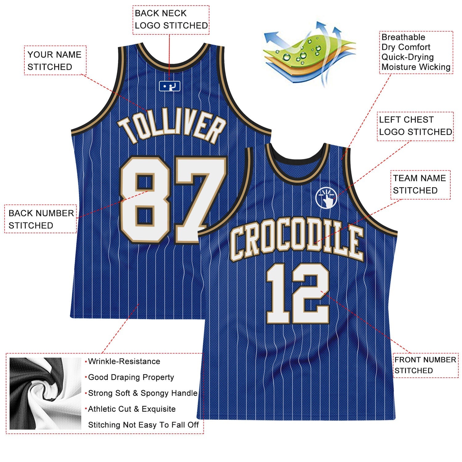 Custom Royal White Pinstripe White Old Gold-Black Authentic Basketball Jersey view 2