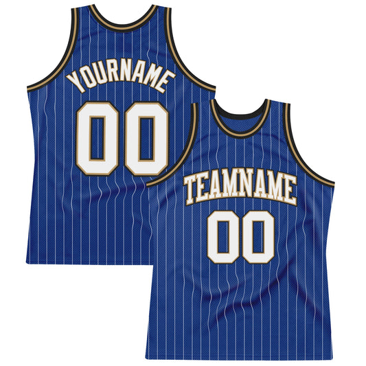 Custom Royal White Pinstripe White Old Gold-Black Authentic Basketball Jersey - Main View