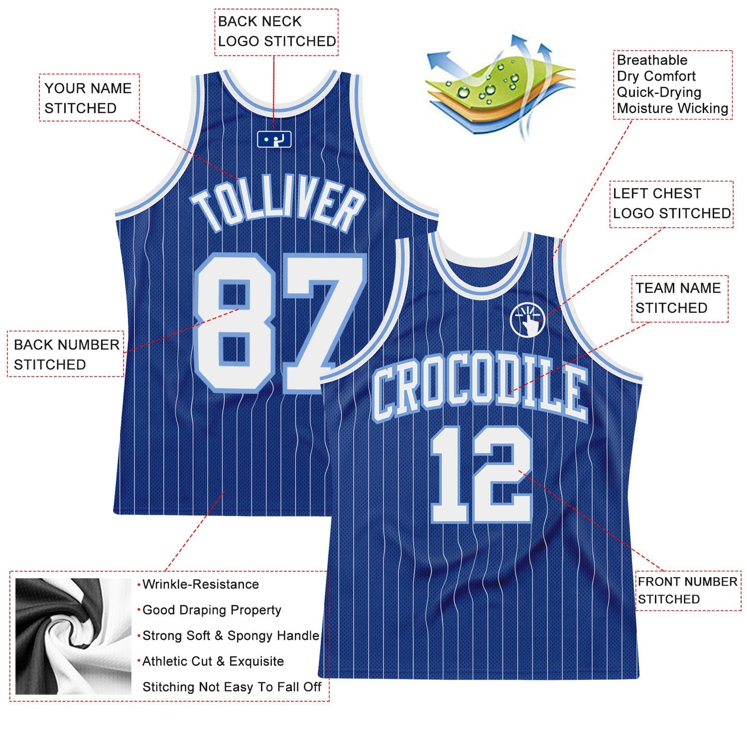 Custom Royal White Pinstripe White-Light Blue Authentic Basketball Jersey view 2