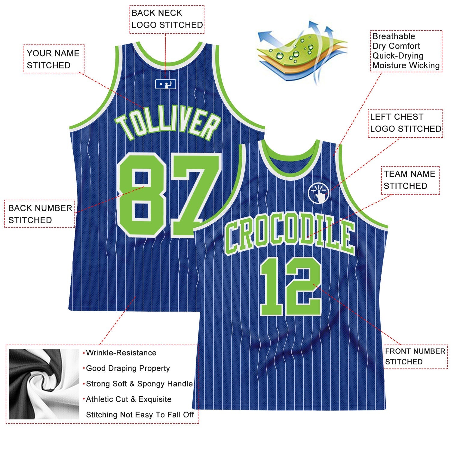 Custom Royal White Pinstripe Neon Green-White Authentic Basketball Jersey view 2