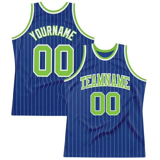 Custom Royal White Pinstripe Neon Green-White Authentic Basketball Jersey - Main View