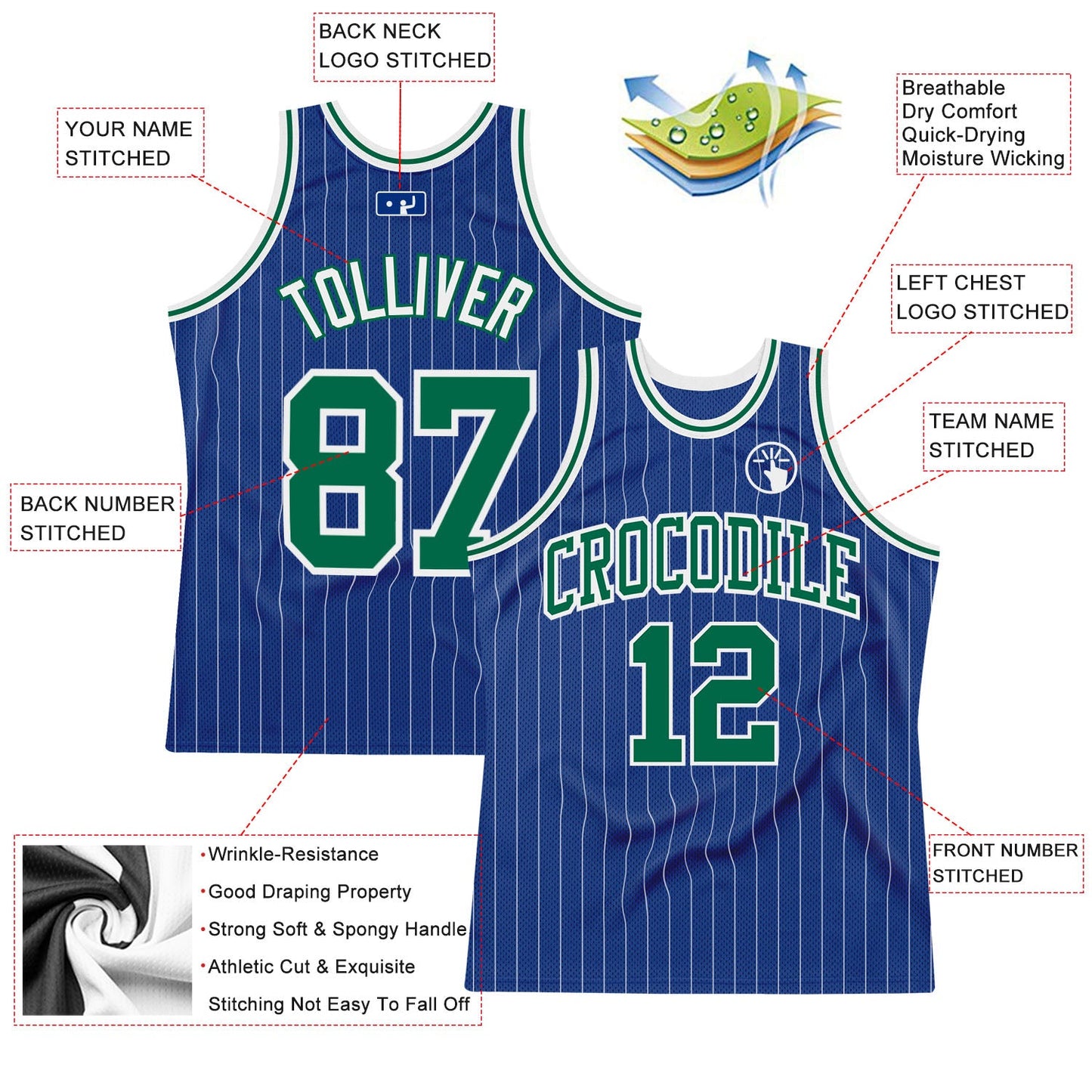 Custom Royal White Pinstripe Kelly Green-White Authentic Basketball Jersey view 2