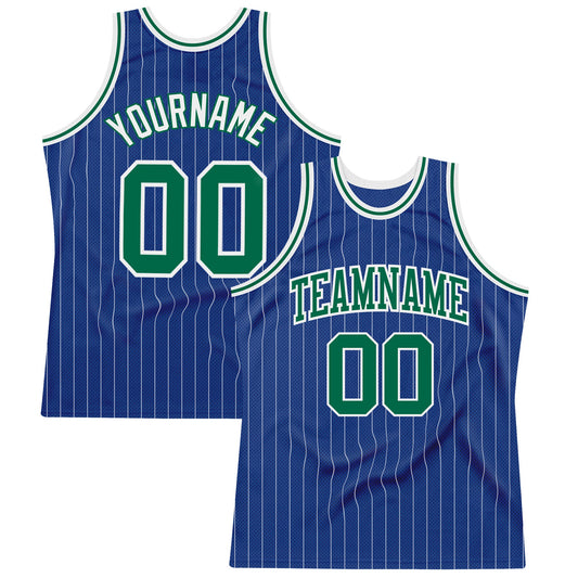 Custom Royal White Pinstripe Kelly Green-White Authentic Basketball Jersey - Main View
