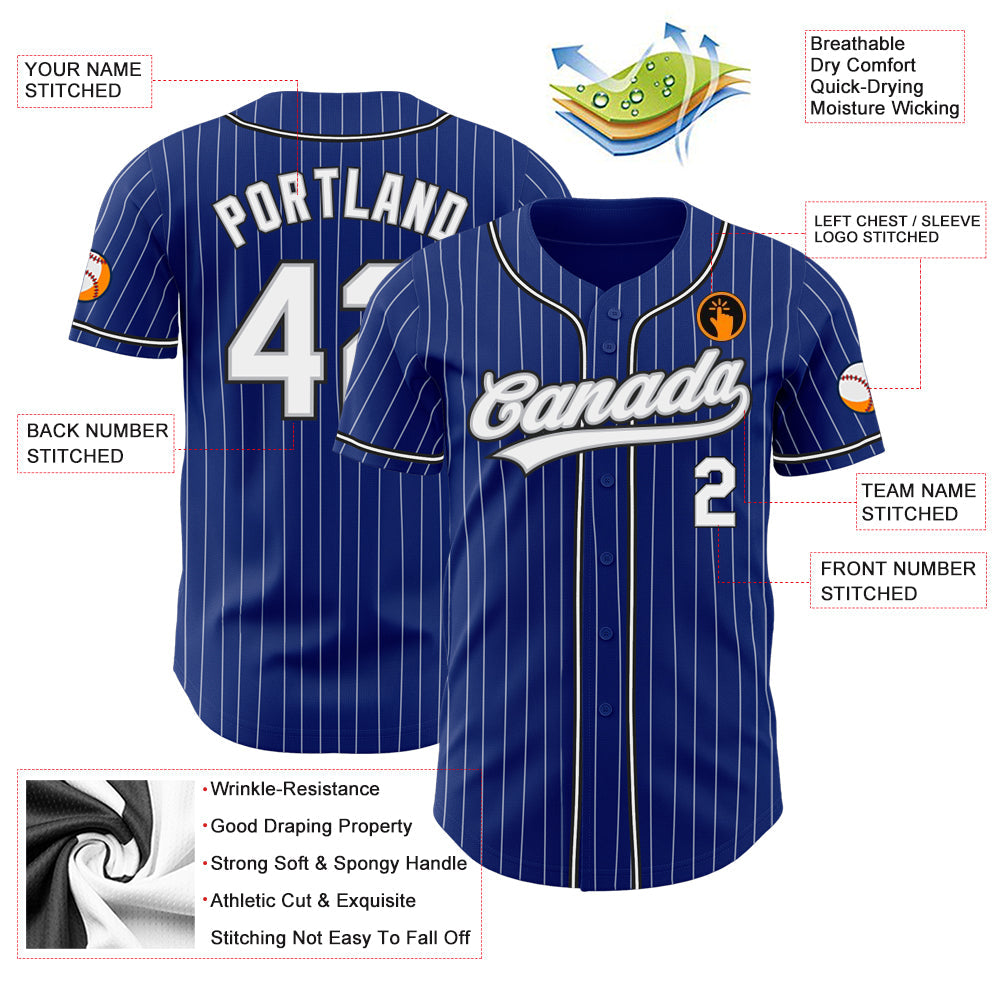 Custom Royal White Pinstripe White Gray-Black Authentic Baseball Jersey view 3