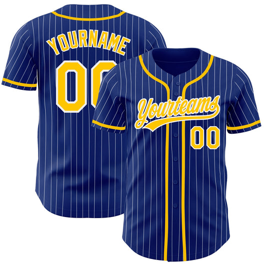 Custom Royal White Pinstripe Gold Authentic Baseball Jersey - Main View