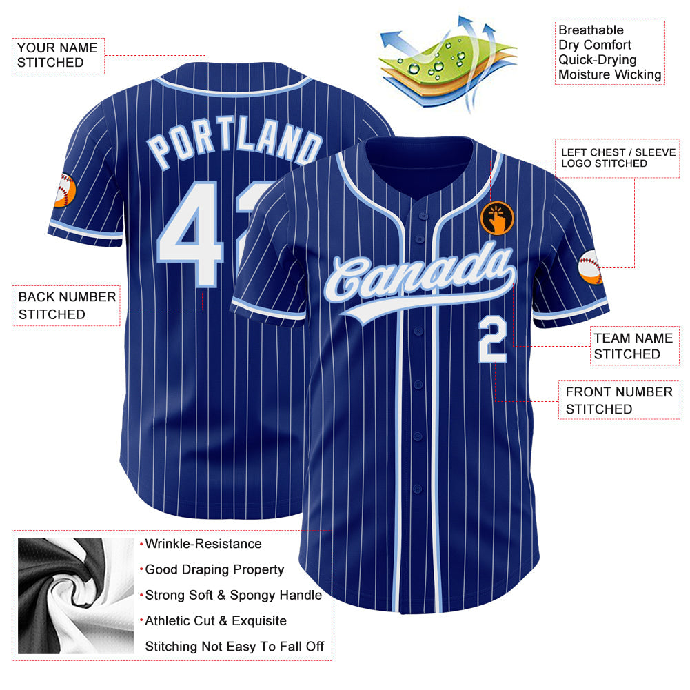 Custom Royal White Pinstripe White-Light Blue Authentic Baseball Jersey view 3
