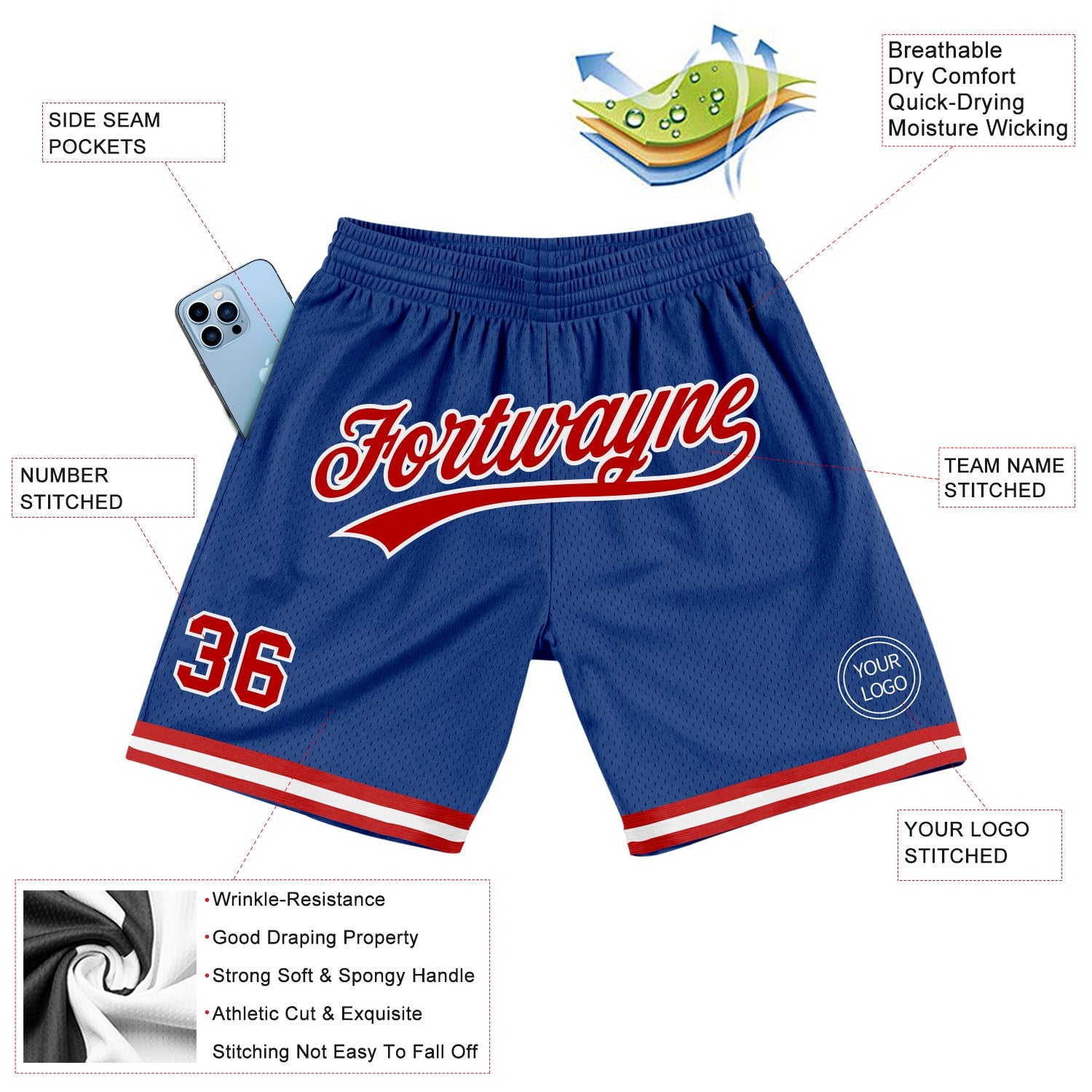 Custom Royal Red-White Authentic Throwback Basketball Shorts view 2