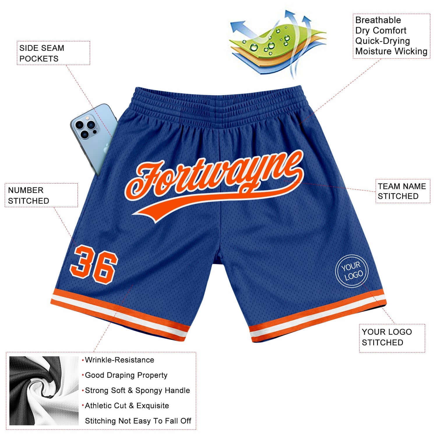 Custom Royal Orange-White Authentic Throwback Basketball Shorts view 2