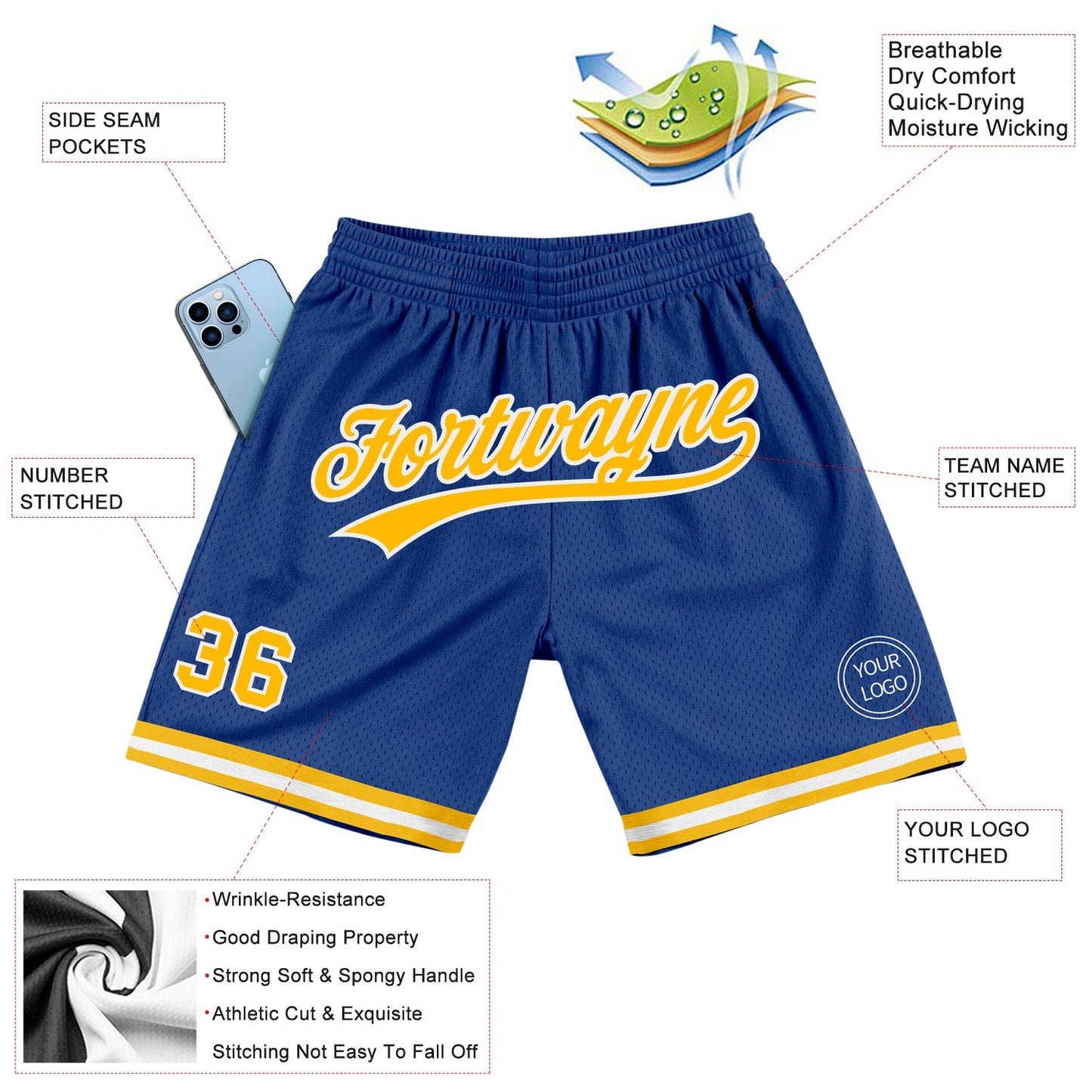Custom Royal Gold-White Authentic Throwback Basketball Shorts view 2