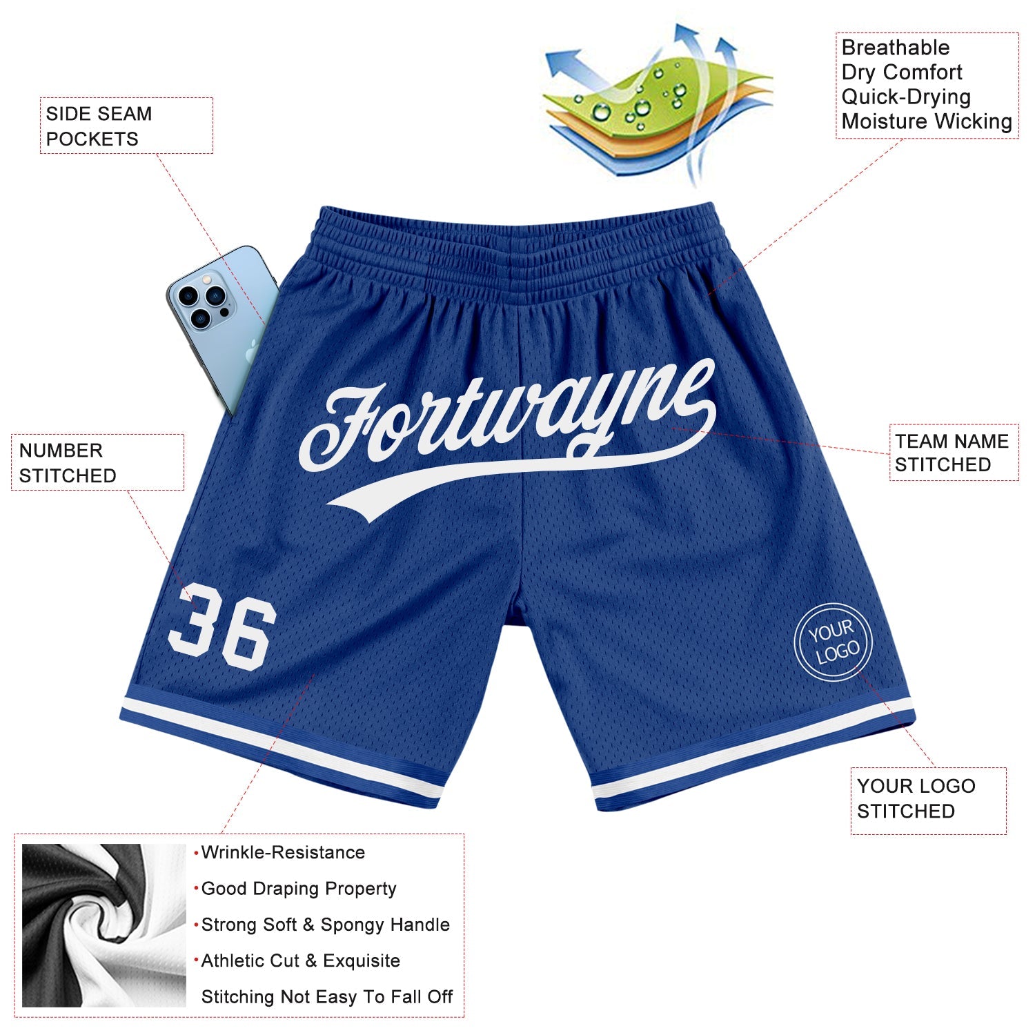Custom Royal White Authentic Throwback Basketball Shorts view 2