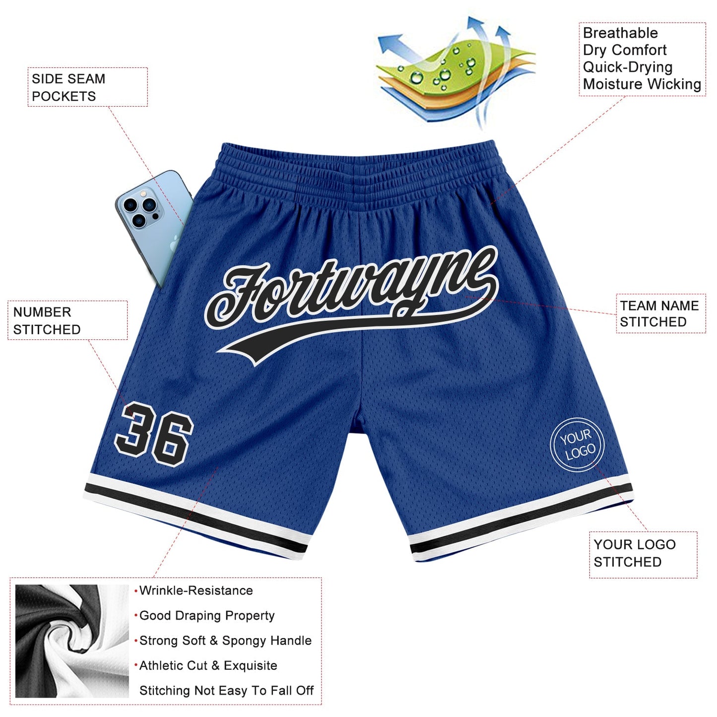 Custom Royal Black-White Authentic Throwback Basketball Shorts view 2