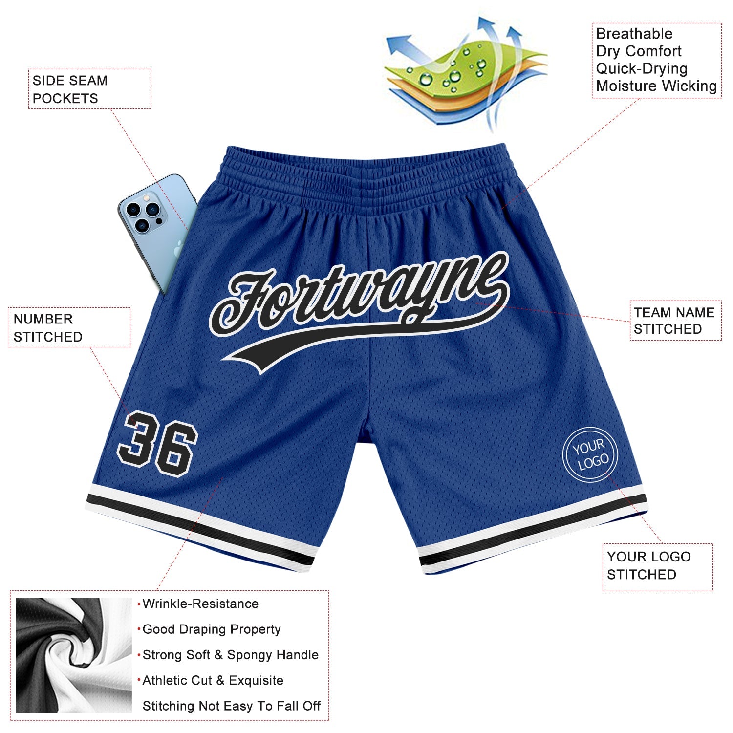 Custom Royal Black-White Authentic Throwback Basketball Shorts view 2