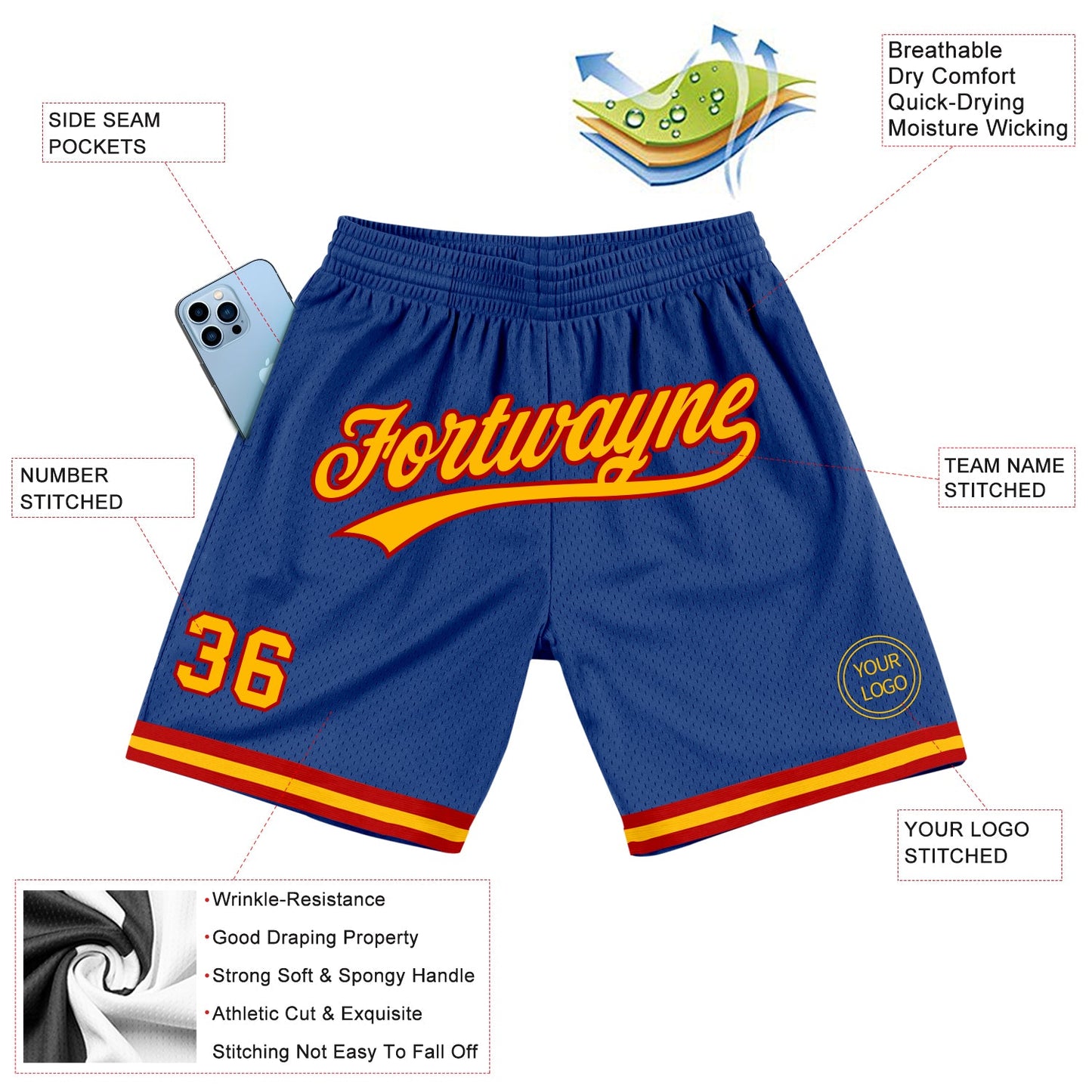 Custom Royal Gold-Red Authentic Throwback Basketball Shorts view 2