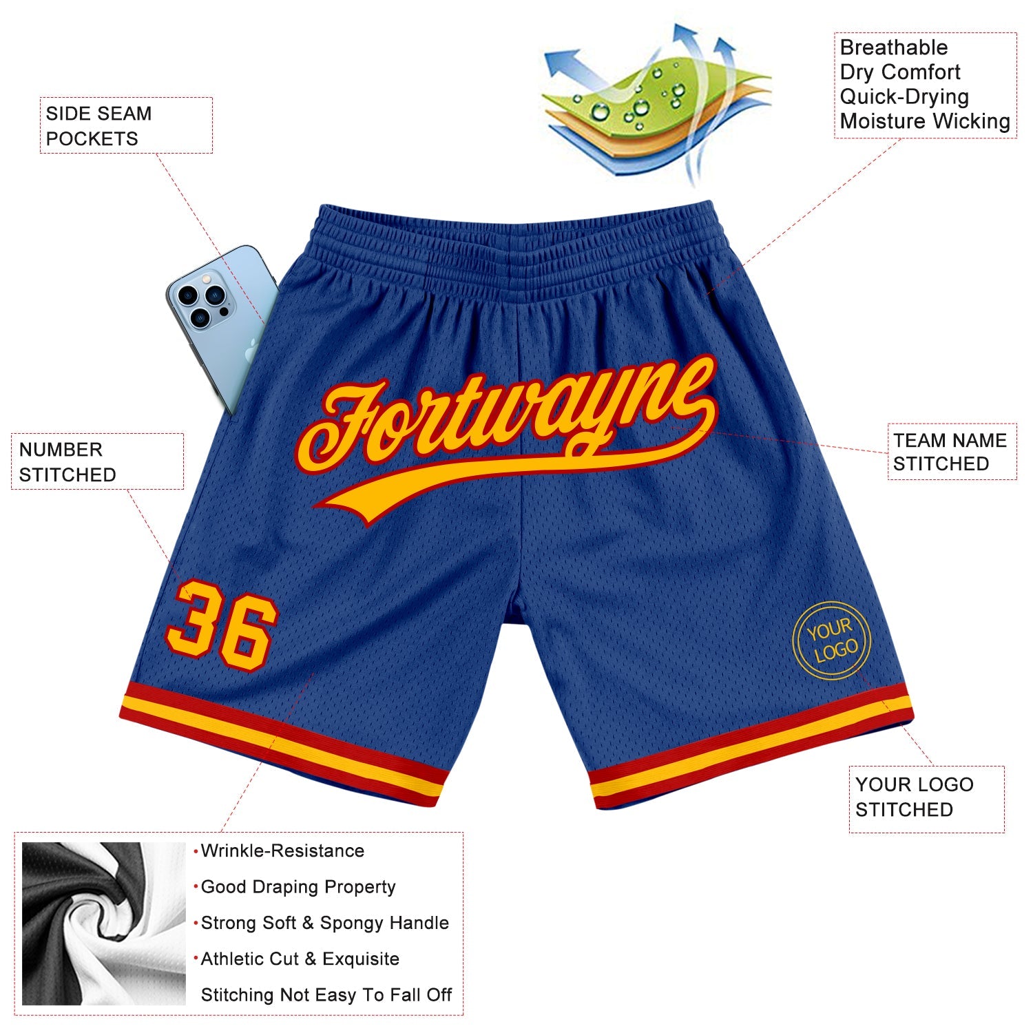 Custom Royal Gold-Red Authentic Throwback Basketball Shorts view 2