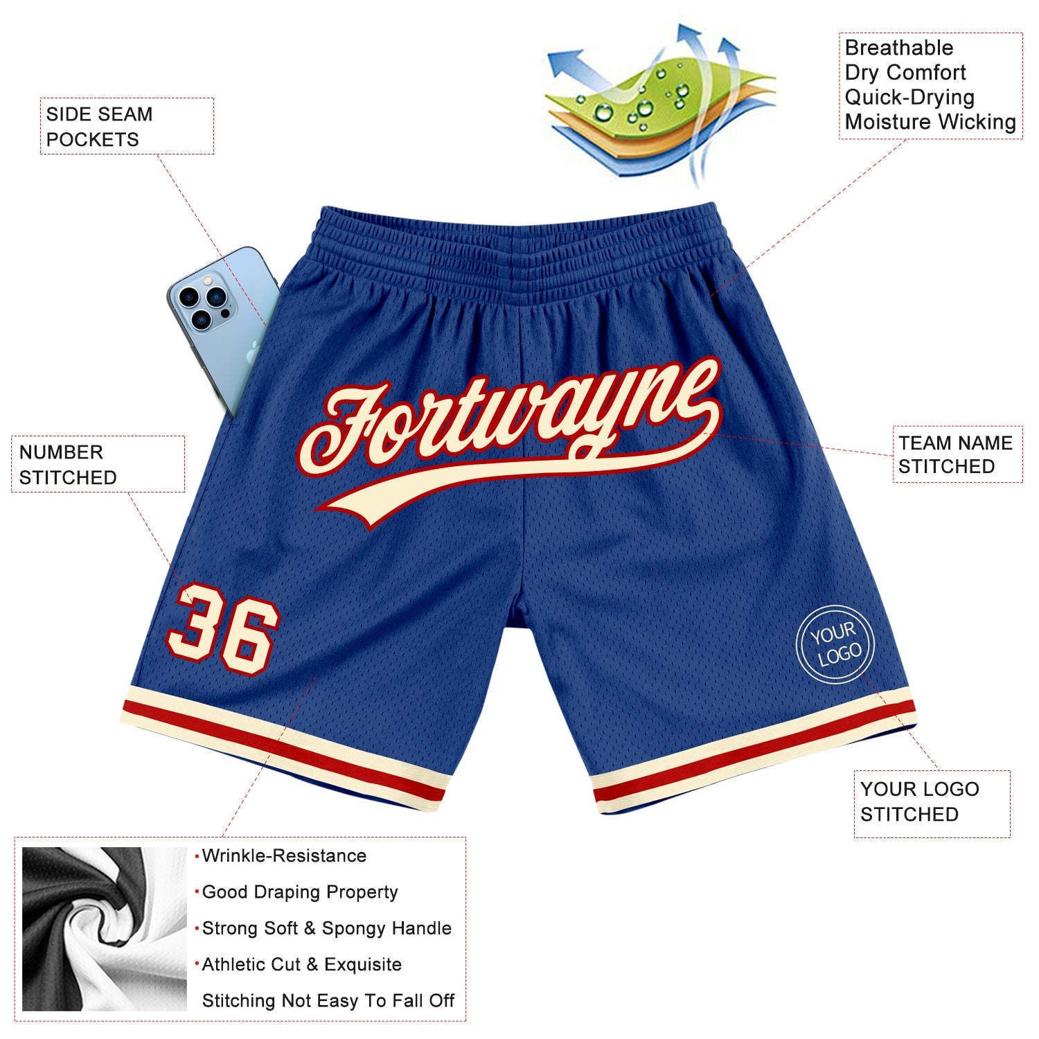 Custom Royal Cream-Red Authentic Throwback Basketball Shorts view 2