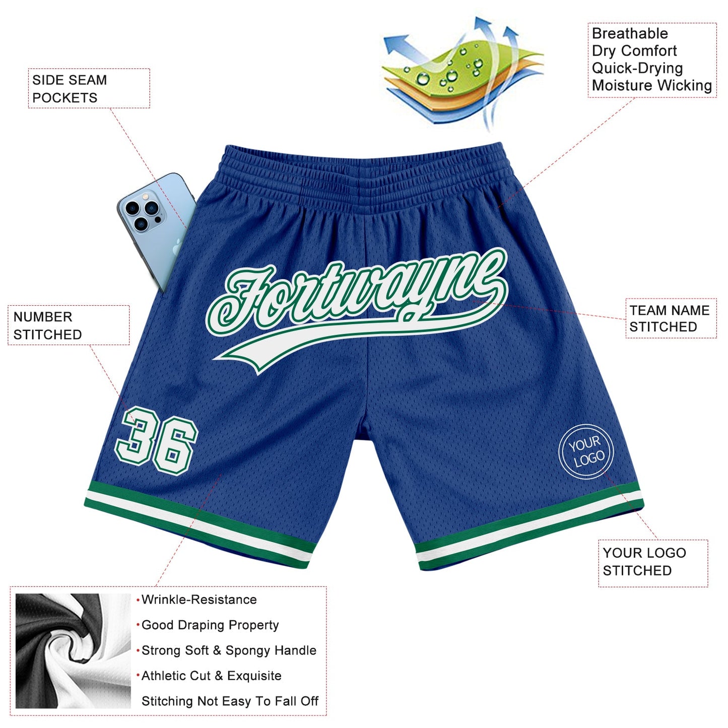 Custom Royal White-Kelly Green Authentic Throwback Basketball Shorts view 2