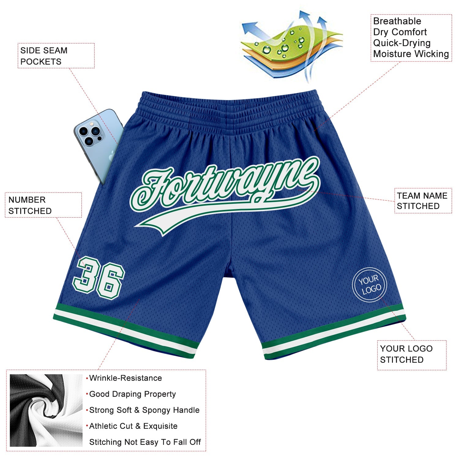 Custom Royal White-Kelly Green Authentic Throwback Basketball Shorts view 2