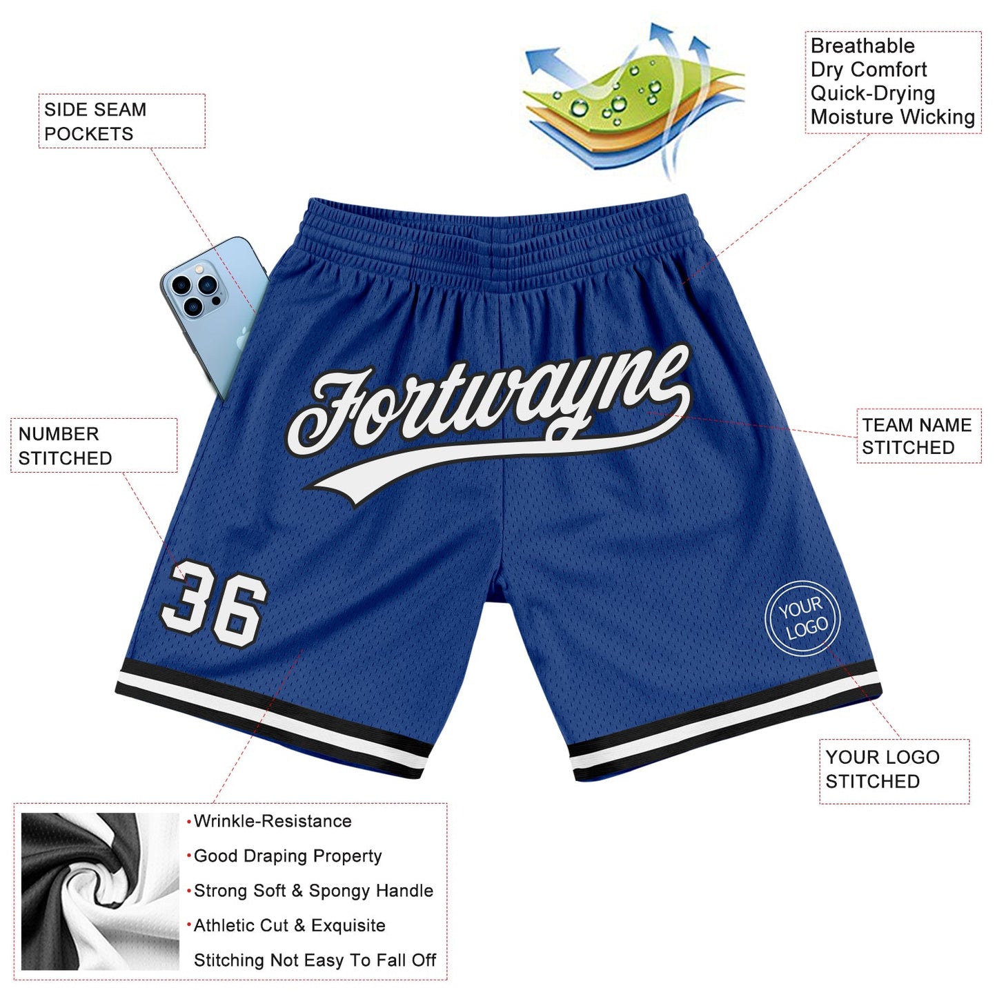 Custom Royal White-Black Authentic Throwback Basketball Shorts view 2