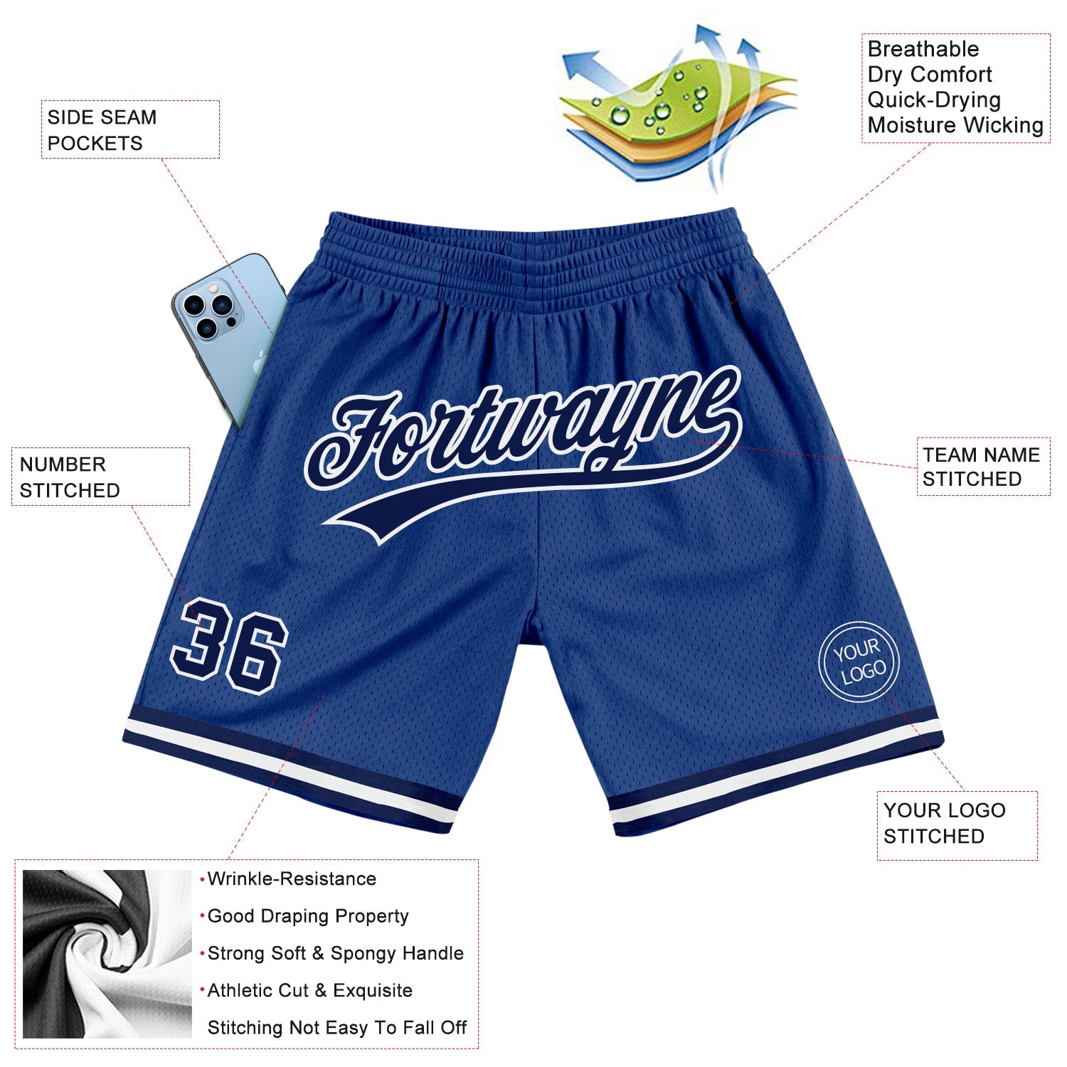 Custom Royal Navy-White Authentic Throwback Basketball Shorts view 2