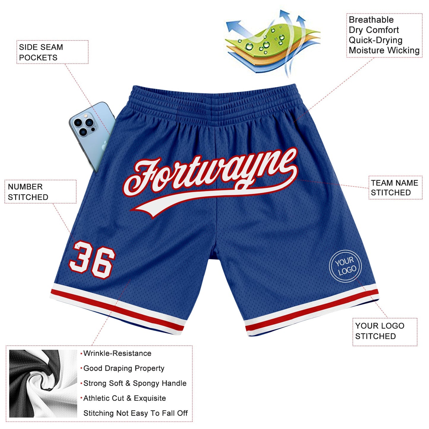 Custom Royal White-Red Authentic Throwback Basketball Shorts view 2