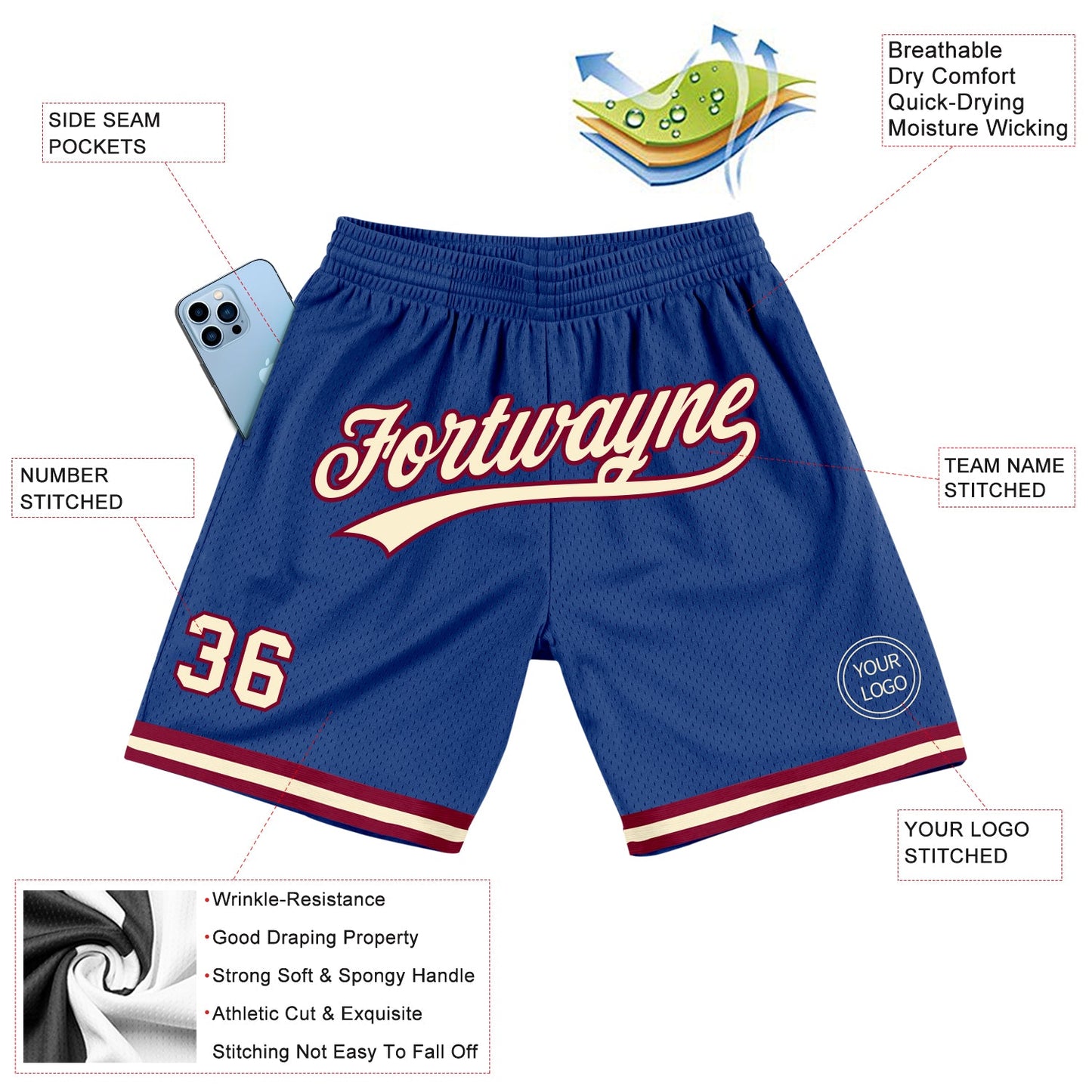 Custom Royal Cream-Maroon Authentic Throwback Basketball Shorts view 2