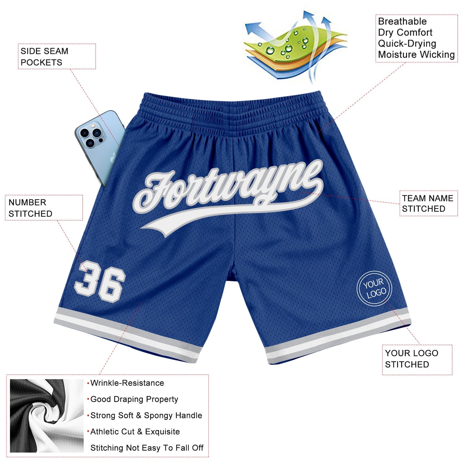 Custom Royal White-Gray Authentic Throwback Basketball Shorts view 2
