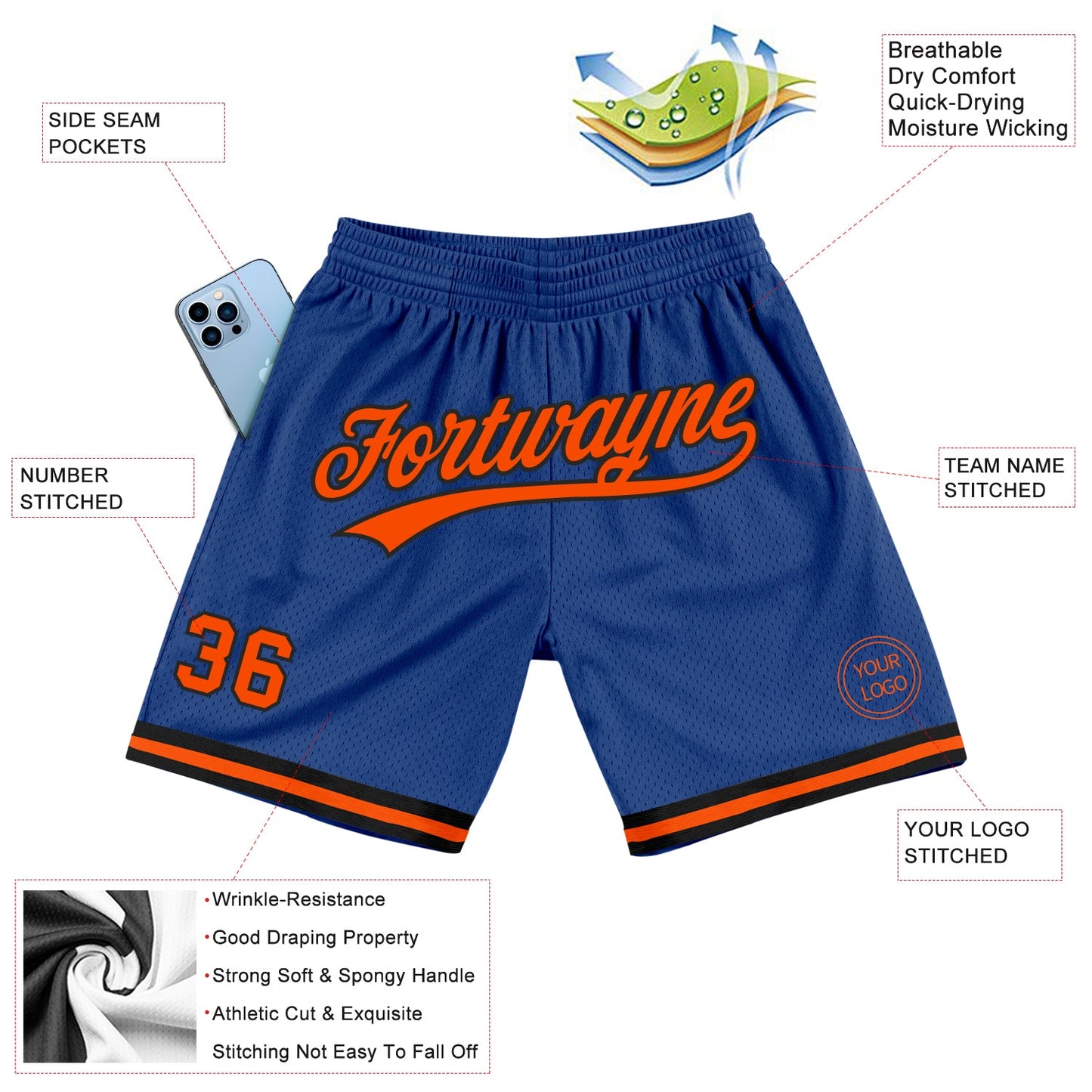 Custom Royal Orange-Black Authentic Throwback Basketball Shorts view 2
