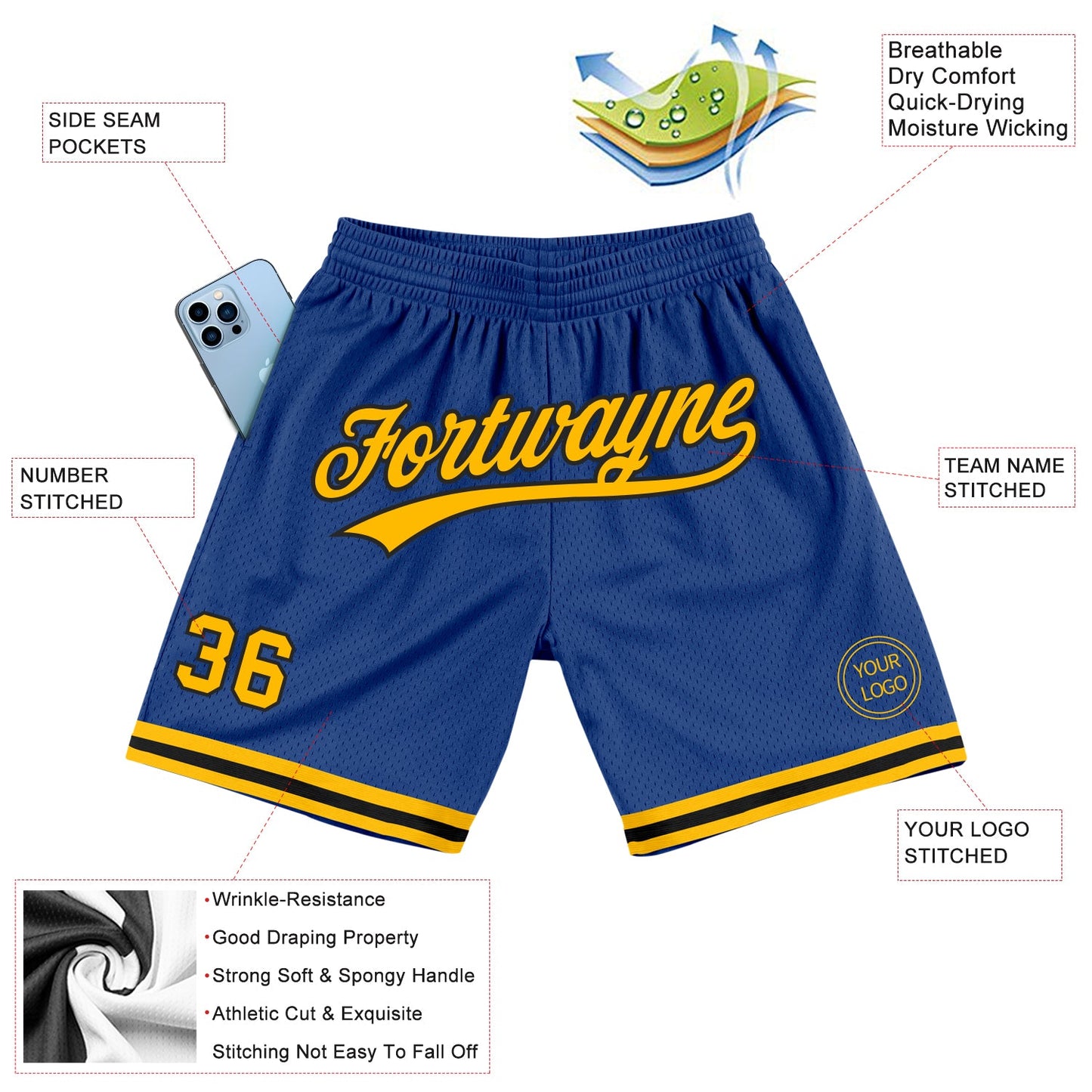 Custom Royal Gold-Black Authentic Throwback Basketball Shorts view 2