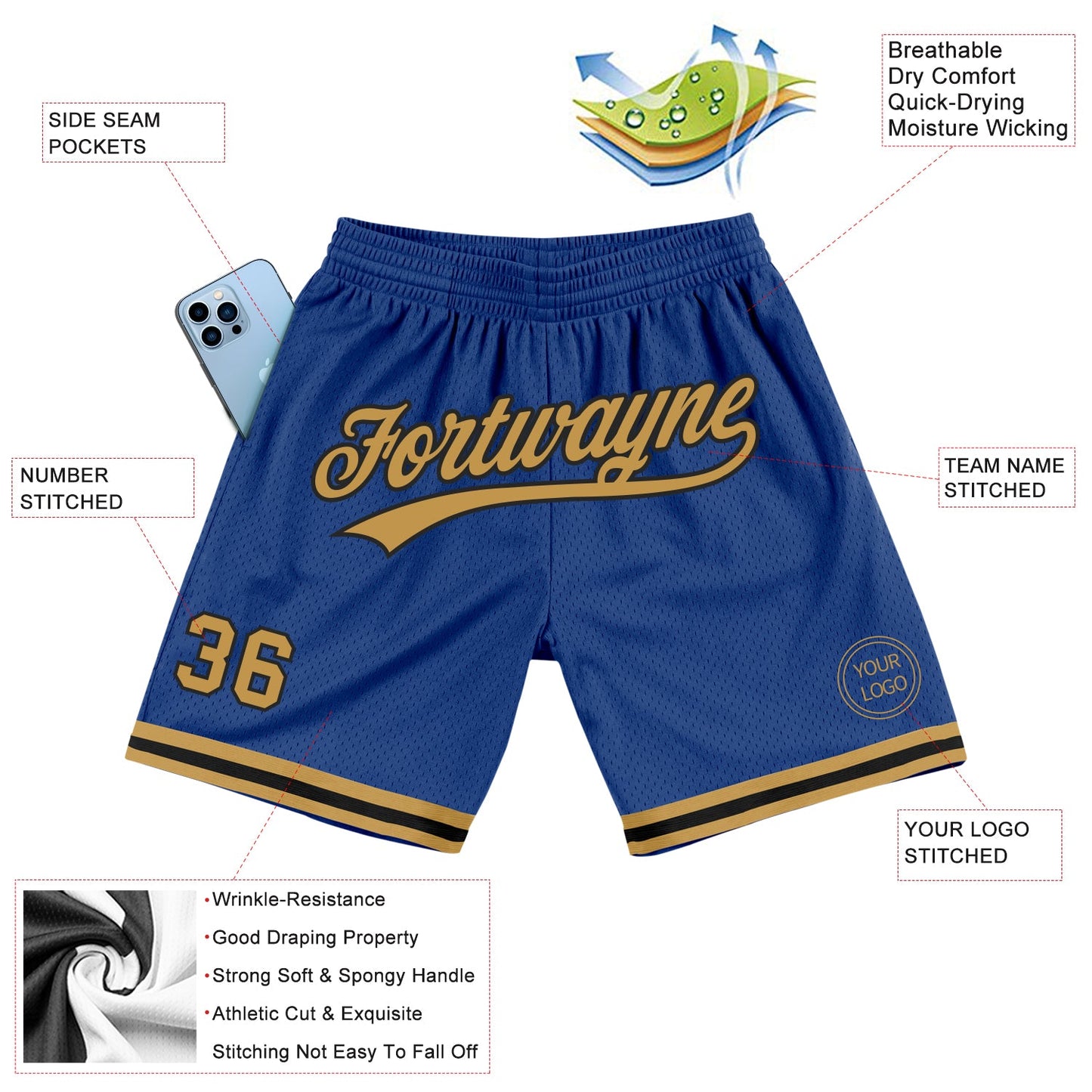 Custom Royal Old Gold-Black Authentic Throwback Basketball Shorts view 2