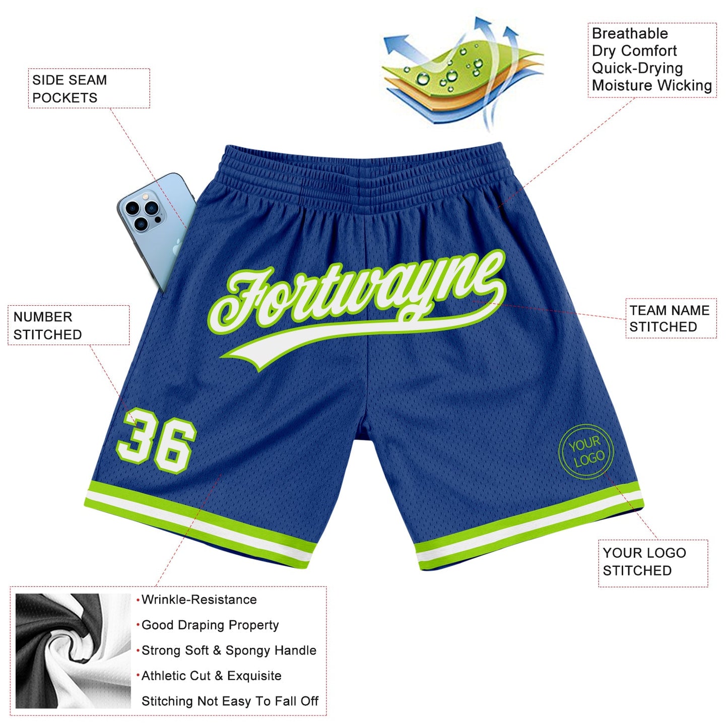 Custom Royal White-Neon Green Authentic Throwback Basketball Shorts view 2