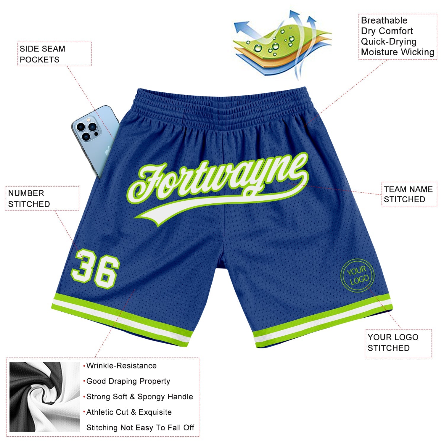 Custom Royal White-Neon Green Authentic Throwback Basketball Shorts view 2
