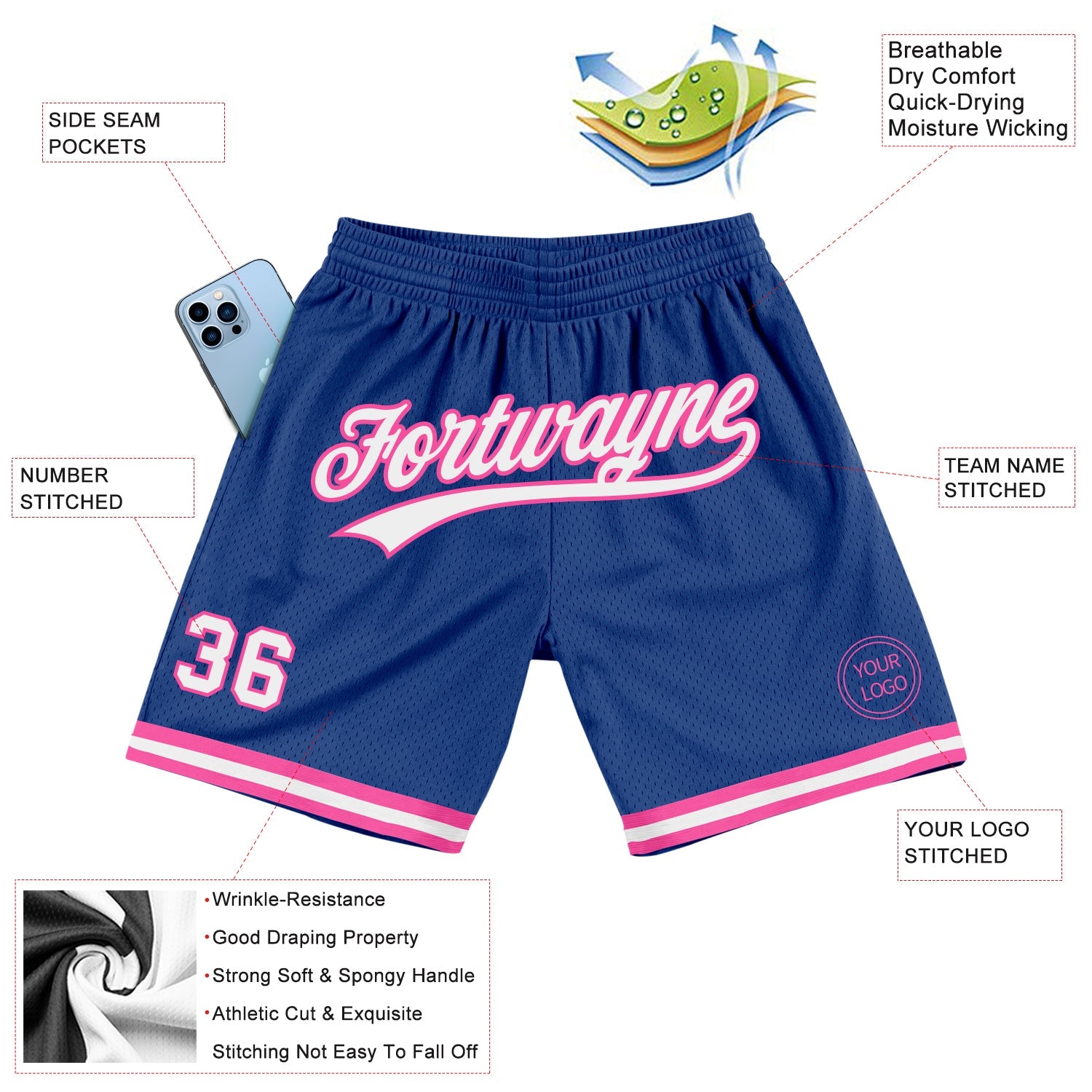 Custom Royal White-Pink Authentic Throwback Basketball Shorts view 2