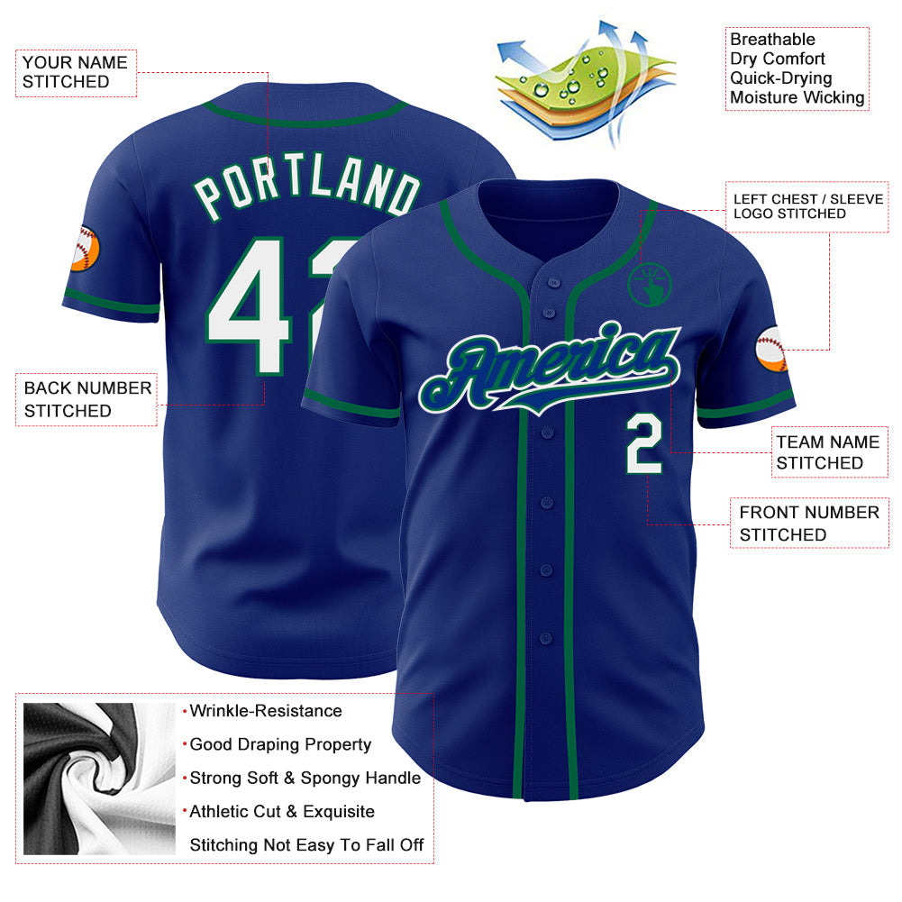 Custom Royal White-Kelly Green Authentic Baseball Jersey view 3