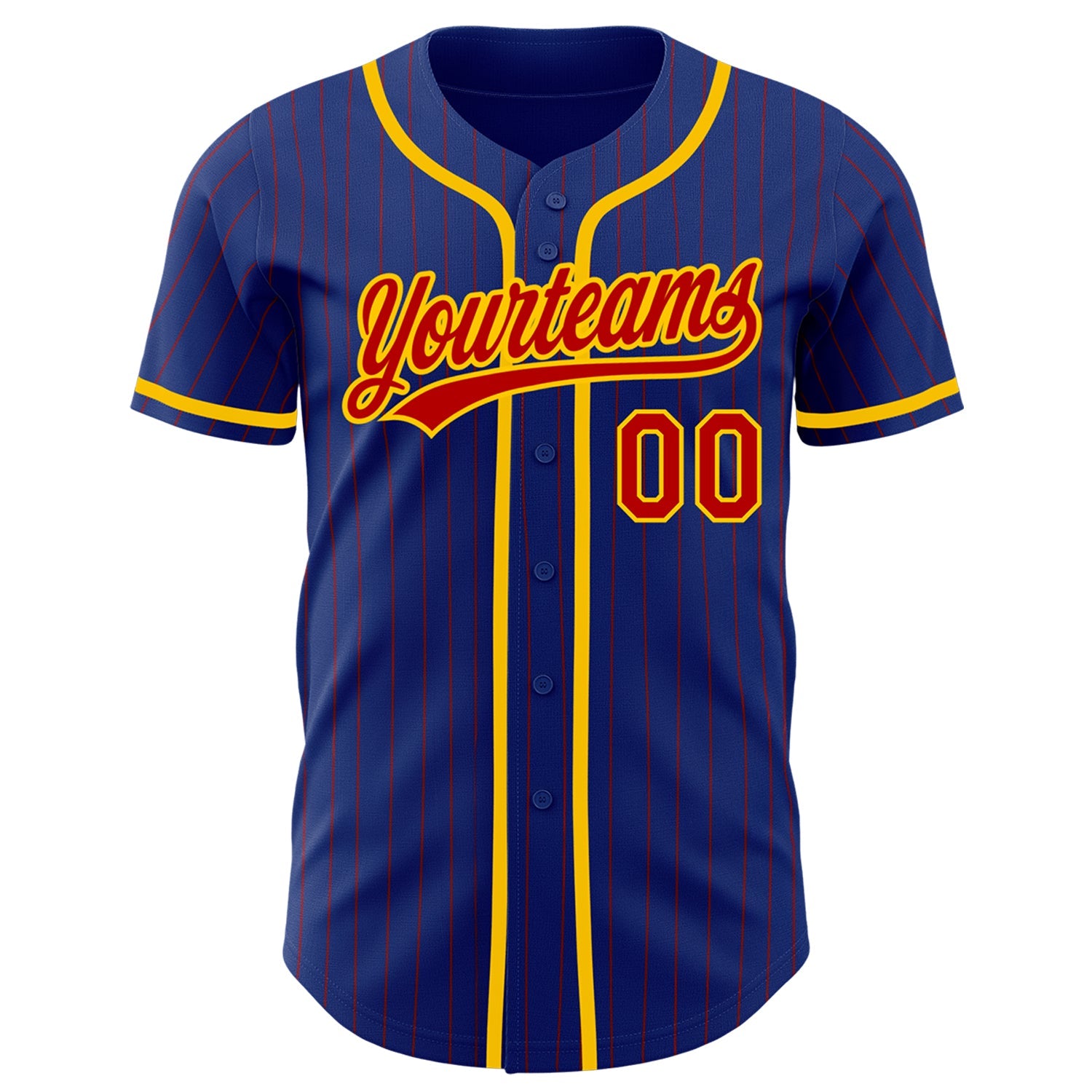 Custom Royal Red Pinstripe Yellow Authentic Baseball Jersey view 2