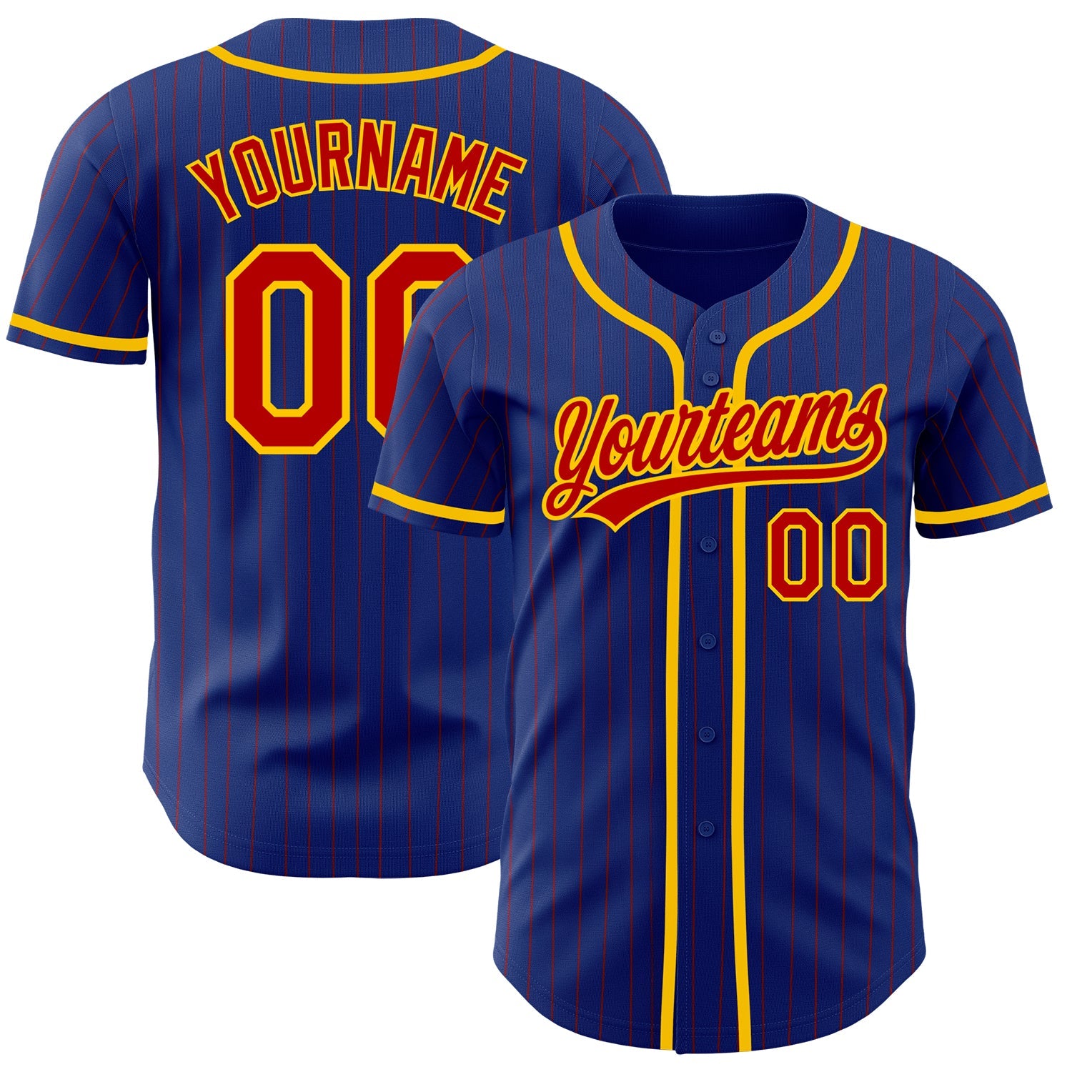 Custom Royal Red Pinstripe Yellow Authentic Baseball Jersey - Main View