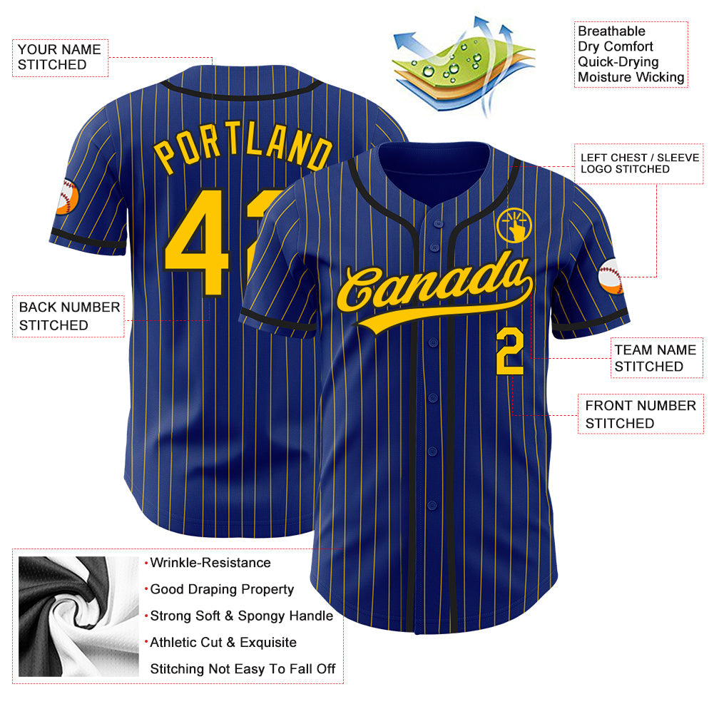 Custom Royal Yellow Pinstripe Black Authentic Baseball Jersey view 3
