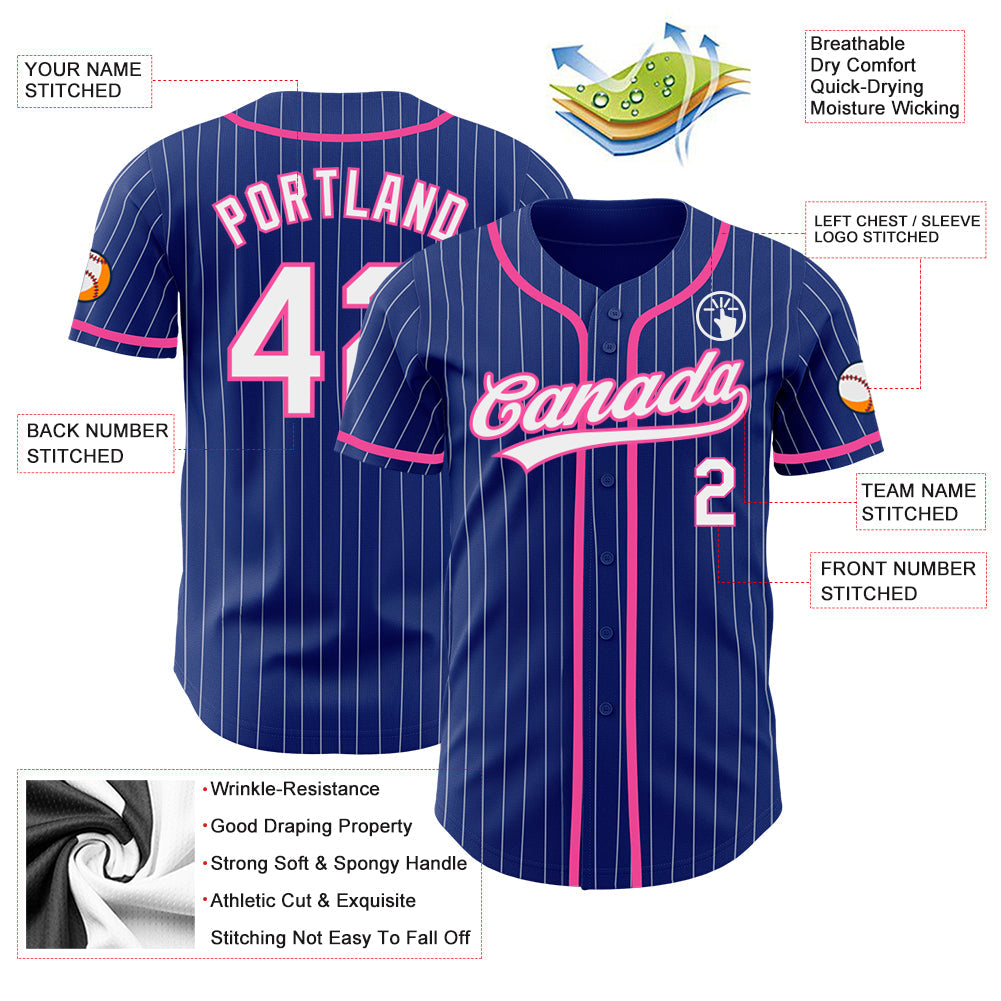 Custom Royal White Pinstripe Pink Authentic Baseball Jersey view 3