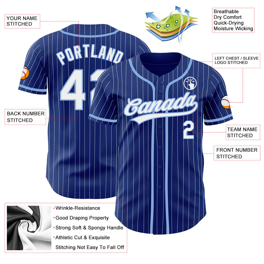 Custom Royal White Pinstripe Light Blue Authentic Baseball Jersey view 3